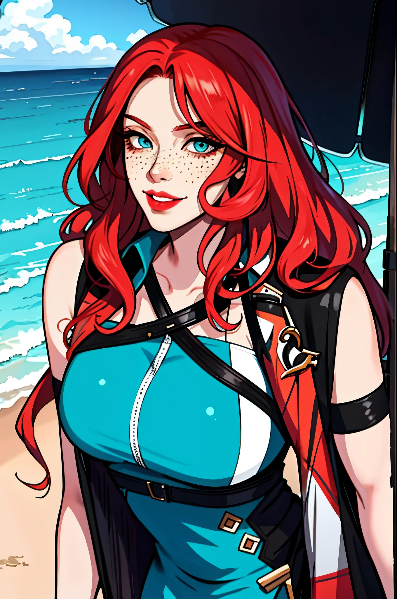 trans Male to female, plump pursed lips, freckles, long curly ginger hair with bangs, crystal blue eyes with smoky eye shadow and black eyeliner, black semi-matte lipstick, pale to sun-kissed skin, flirty smug smile, teal sundress, large futanari genital bulge