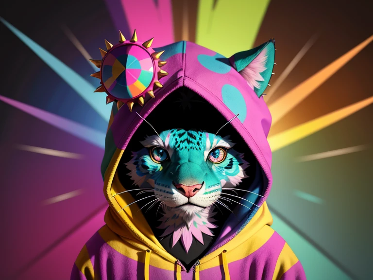 (rexouium:1.2), colorful scene, cute, dynamic scene, swaggy, drawing, round, abstract colorful background, close up portrait, spiky hairs, vibrant colors, glowing patterns, hoodie, pastel, rim lights, three-quarter view, furry art,