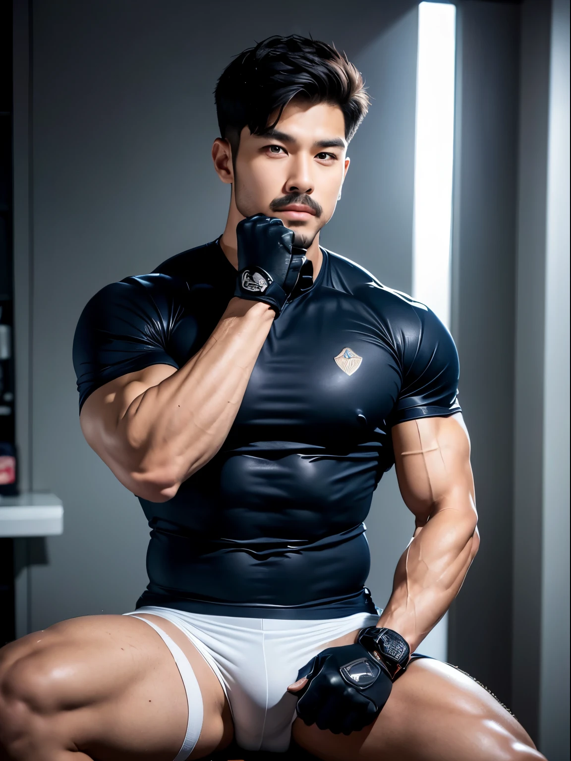 20-year-old boy ,Korean male officer ,thick mustache..., hairy and handsome ,Wear a dark navy police shirt...............,big butt cheek, hair legs and hairly asshole, Black boots and dark navy gloves.,sit on the ground , His legs spread apart..................................., Police Logo ,tight breasts ,Muscle Man , ((The arm muscles are very large...................)) ,large , Wide shoulders ,open legs ,looking back to the camera, rear shot............................................... ,((unrealistic super big tight butt))....................................... ,Sexually suggestive, (Dynamic Poses:1.1) , thights , (Embossed Focus:1.2),On your knees........................., toilet cubicle at night , Best quality , medium close up from below ,deep depth of field ,Bokeh background