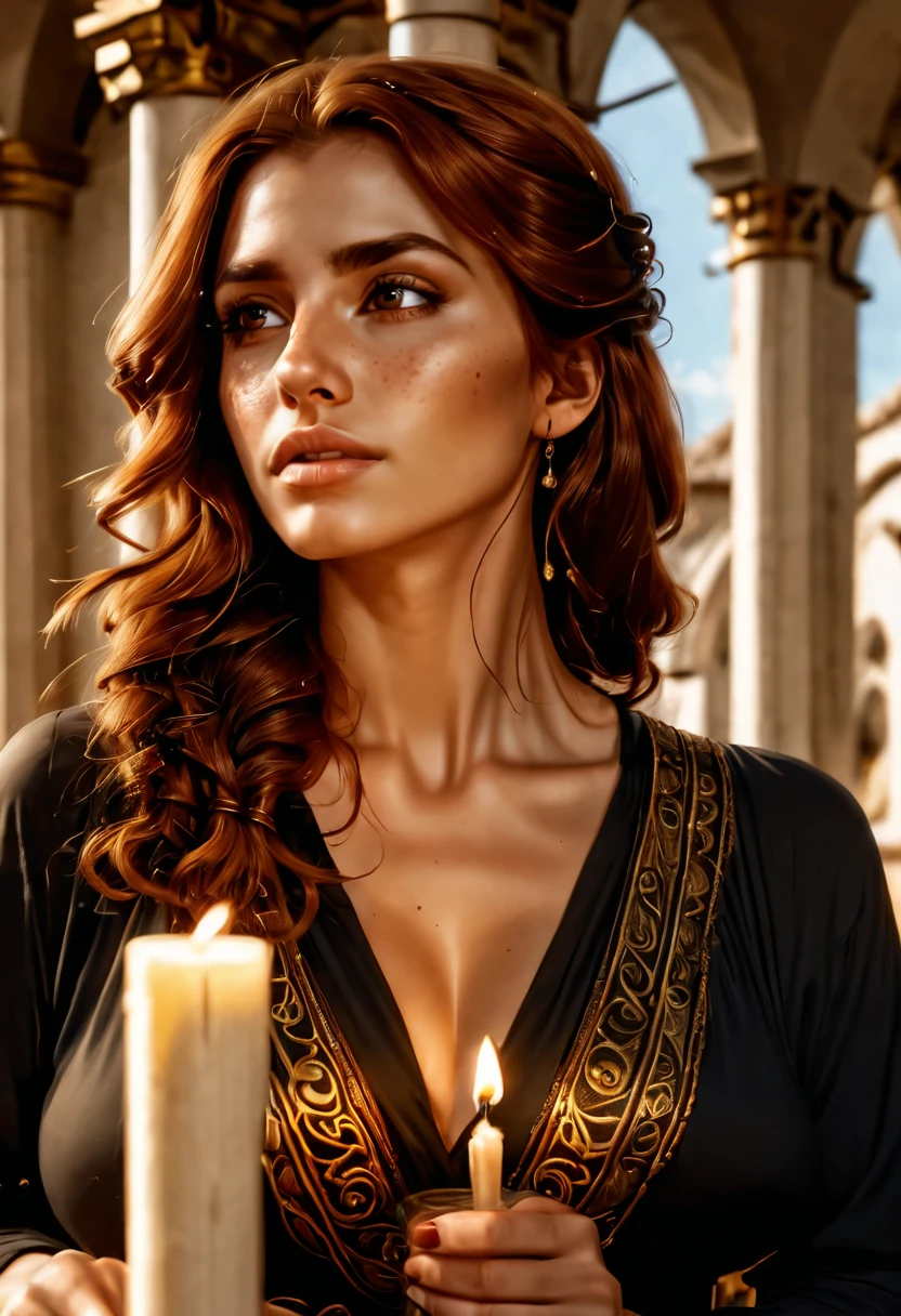 (photorealistic), a greek orthodox church, shadowy, columns, stained glass windows. (full shot), (whole body view:1.5), (zoom out), (sideview: 1.6), a beautiful 30-year old Scottish woman, lighting a candle in a Greek orthodox church, she has reddish-brown hair, light skin and freckles, (black eyebrows:0.8), and high cheekbones, (brown eyes:1.2), (downturned eyes), (voluptuous), (smile:0.5). She is wearing a black dress with gold decorations, black scarf over here hair. Greek. (Highly detailed, intricate, best quality, 8k)
