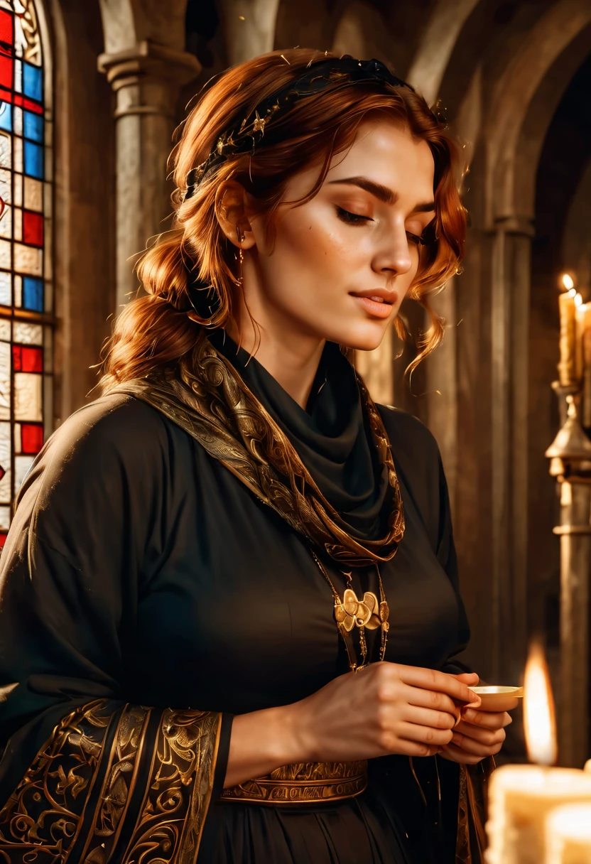 (photorealistic), a greek orthodox church, shadowy, columns, stained glass windows. (full shot), (whole body view:1.5), (zoom out), (sideview: 1.6), a beautiful 30-year old Scottish woman, lighting a candle in a Greek orthodox church, she has reddish-brown hair, light skin and freckles, (black eyebrows:0.8), and high cheekbones, (brown eyes:1.2), (downturned eyes), (voluptuous), (smile:0.5). She is wearing a black dress with gold decorations, black scarf over here hair. Greek. (Highly detailed, intricate, best quality, 8k)
