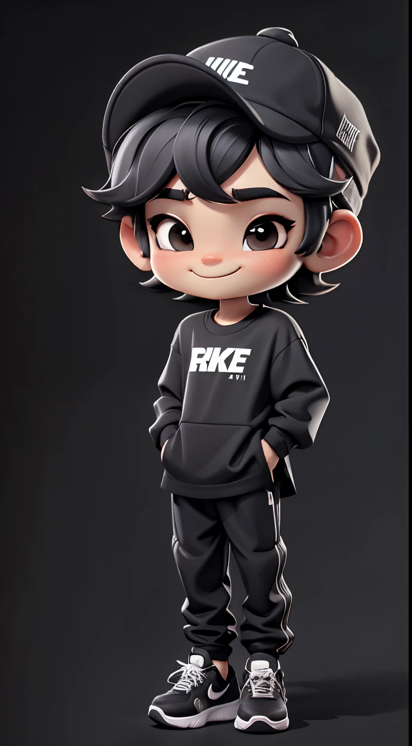 chibi boy, smile,wearing a black hat, black hair, black eyes, Wear a black long-sleeved shirt with a wave pattern., black pants. Black and white Nike shoes with the word REXUR XT on the shirt.