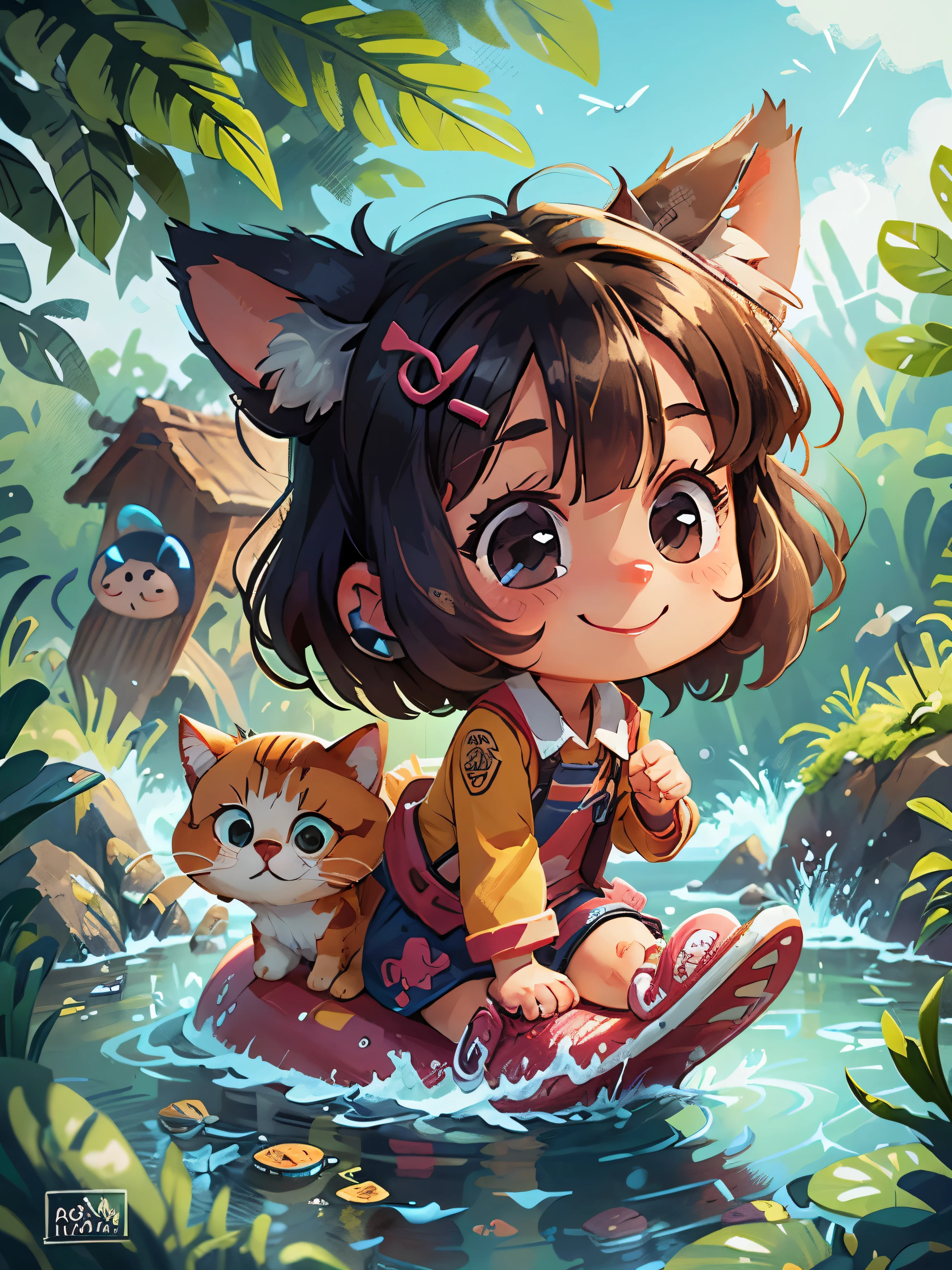 a bit, Cat, SD character, chibi character, cute, girl, 1 person, smile, surfer, with cute pets, whole body, full of energy, masterpiece, 3D rendering, highest quality, lots of details, (Summer sea background), sun, sunny, vinyl toy figurine