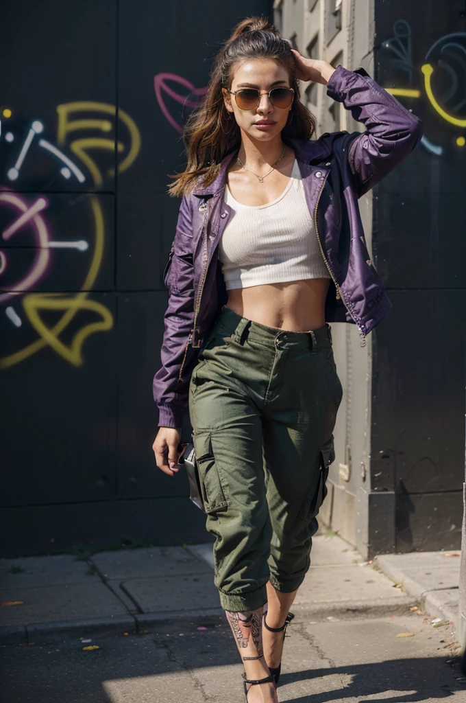 (a woman:1.1), (navel:1.1), (cargo pants:1.1), (cropped shirt with jacket:1.1), (stylish pose:1.1), (action pose:1.1), (portrait:1.2), (photography:1.1), (vivid colors:1.1), (dynamic lighting:1.1), (fashionable:1.1), (confident:1.1), (modern:1.1), (youthful:1.1), (urban background:1.1), (city streets:1.1), (graffiti wall:1.1), (sunglasses:1.1), (long wavy hair:1.1), (makeup:1.1), (high heels:1.1), (handbag:1.1), (walking forward:1.1), (head held high:1.1), (fierce expression:1.1), (bold lipstick:1.1), (tattoos:1.1), (confidence radiating:1.1), (impactful:1.1), (on the move:1.1), (leading the way:1.1), (exuding style:1.1), (modern street fashion:1.1), (energetic atmosphere:1.1), (creative composition:1.1), (cityscape in the background:1.1), (saturated colors:1.1), (dramatic shadows:1.1), (striking visuals:1.1)
