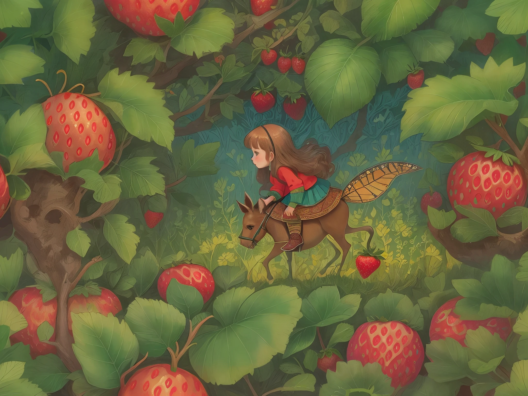 Whimsical and fantastical illustration of a tiny girl riding a grasshopper through giant strawberry bushes, inspired by Russian fairy tales, intricate details and vibrant colors, (long shot), digital painting in the style of Ivan Bilibin