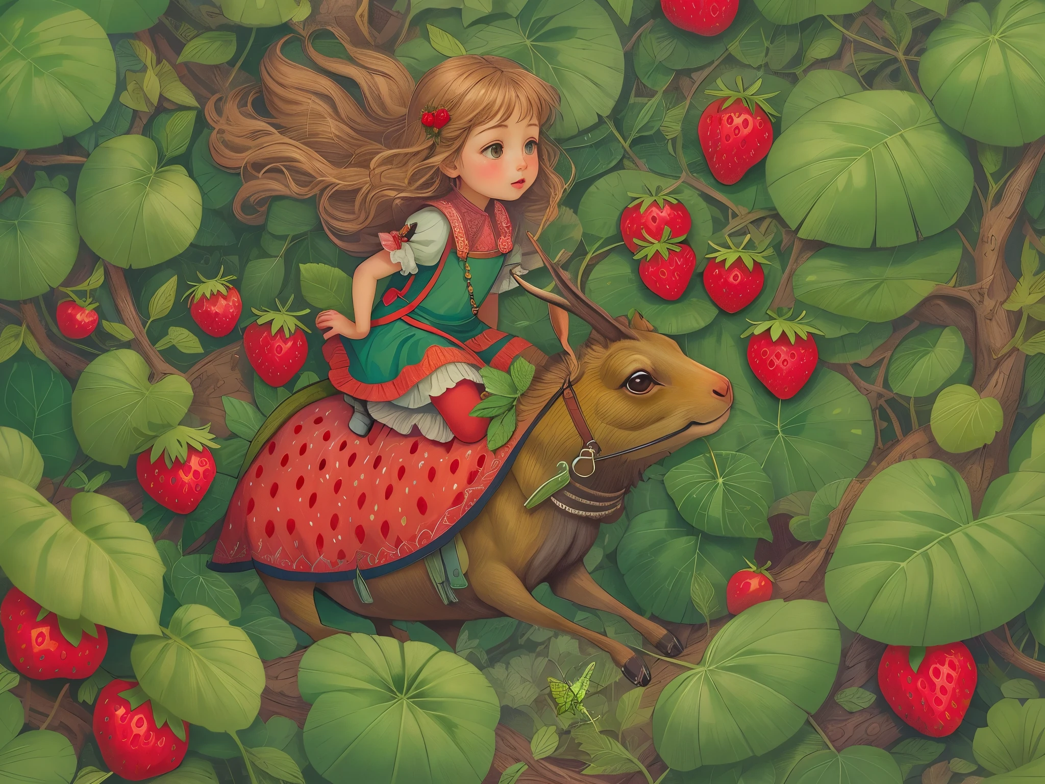 Whimsical and fantastical illustration of a tiny girl riding a grasshopper through giant strawberry bushes, inspired by Russian fairy tales, intricate details and vibrant colors, (long shot), digital painting in the style of Ivan Bilibin