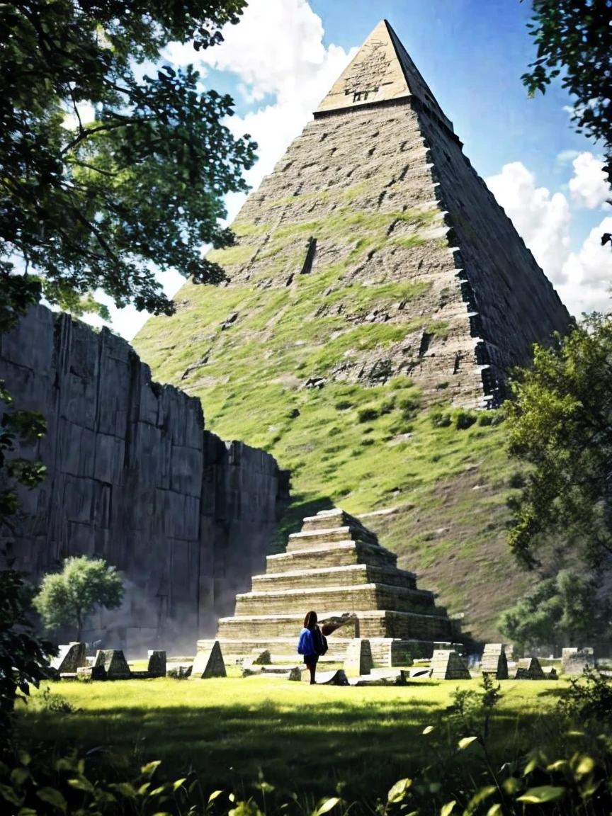 highest quality、masterpiece、ultra high resolution、(realistic:1.4)、ancient ruins、Shining pyramid、shine beautifully、Buried with huge stones、pyramid covered with ivy、girl standing in front of the pyramid