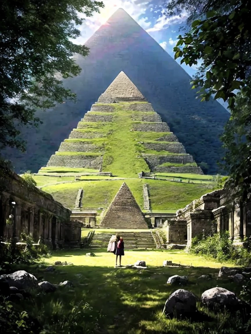 highest quality、masterpiece、ultra high resolution、(realistic:1.4)、ancient ruins、Shining pyramid、shine beautifully、Buried with huge stones、pyramid covered with ivy、girl standing in front of the pyramid