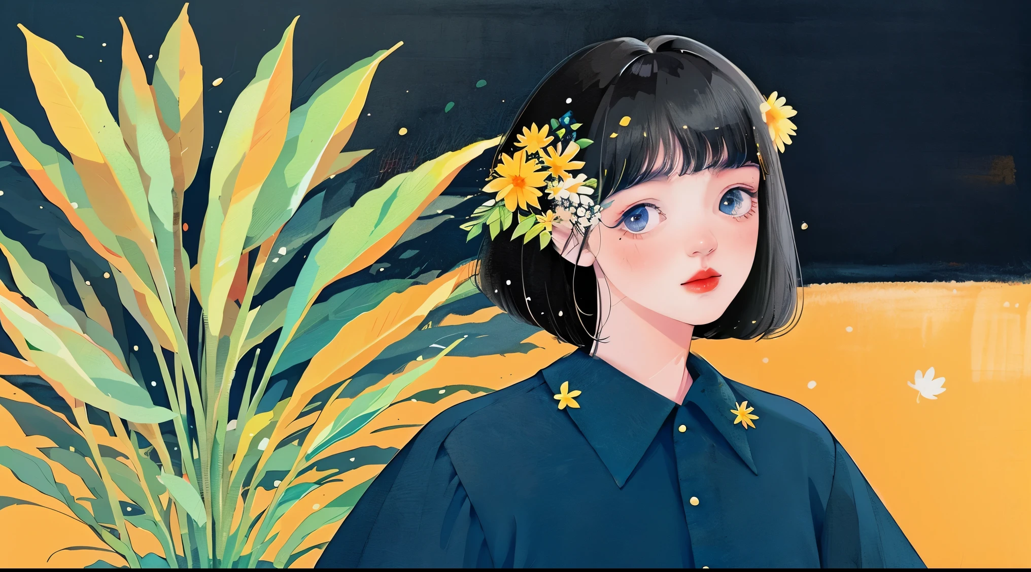 yxycolor,1girl, solo, black hair, flower, white background, hair ornament, hair flower, short hair, upper body, bangs, looking at viewer, simple background, leaf, bob cut, plant, shirt, blue shirt, blunt bangs, yellow flower, red lips, blue eyes