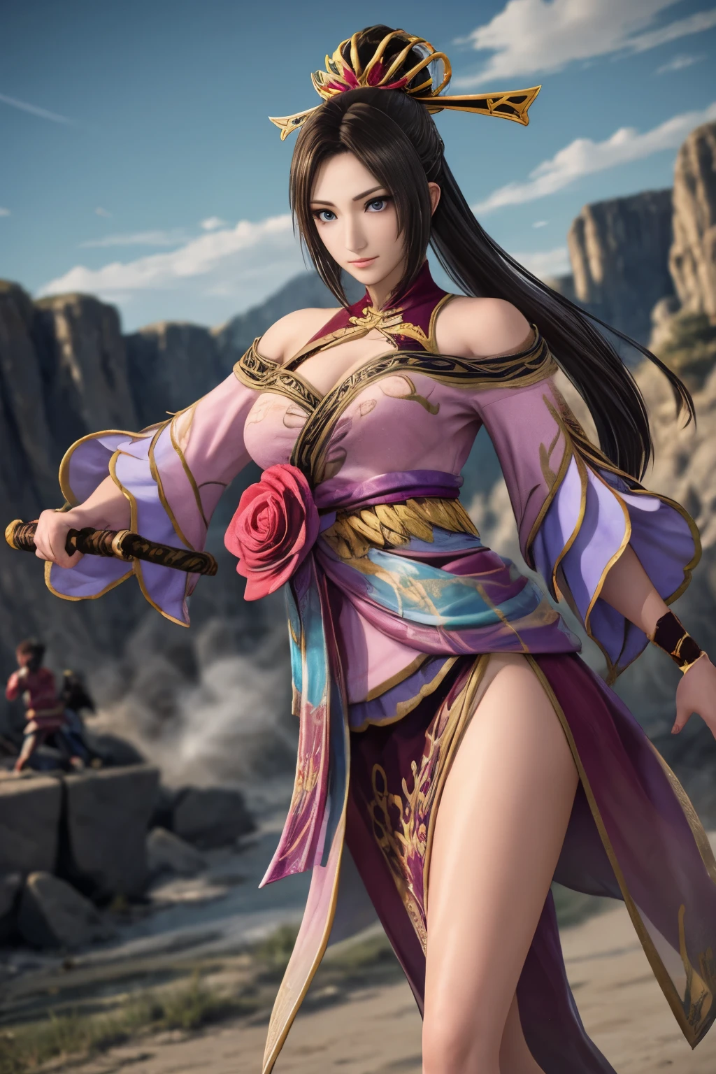 Diaochan from Sangoku Musou 8,Fighting soldiers,Diaochan and the soldiers,surrounded by soldiers、masterpiece,fine eyes、puffy eyes,battlefield、highest quality, 超High resolution, (reality: 1.4), movie lighting、(超reality的な)、(High resolution)、(8K)、(very detailed)、(美しくfine eyes)、(Super detailed)、detailed face、lots of soldiers,fierce battle