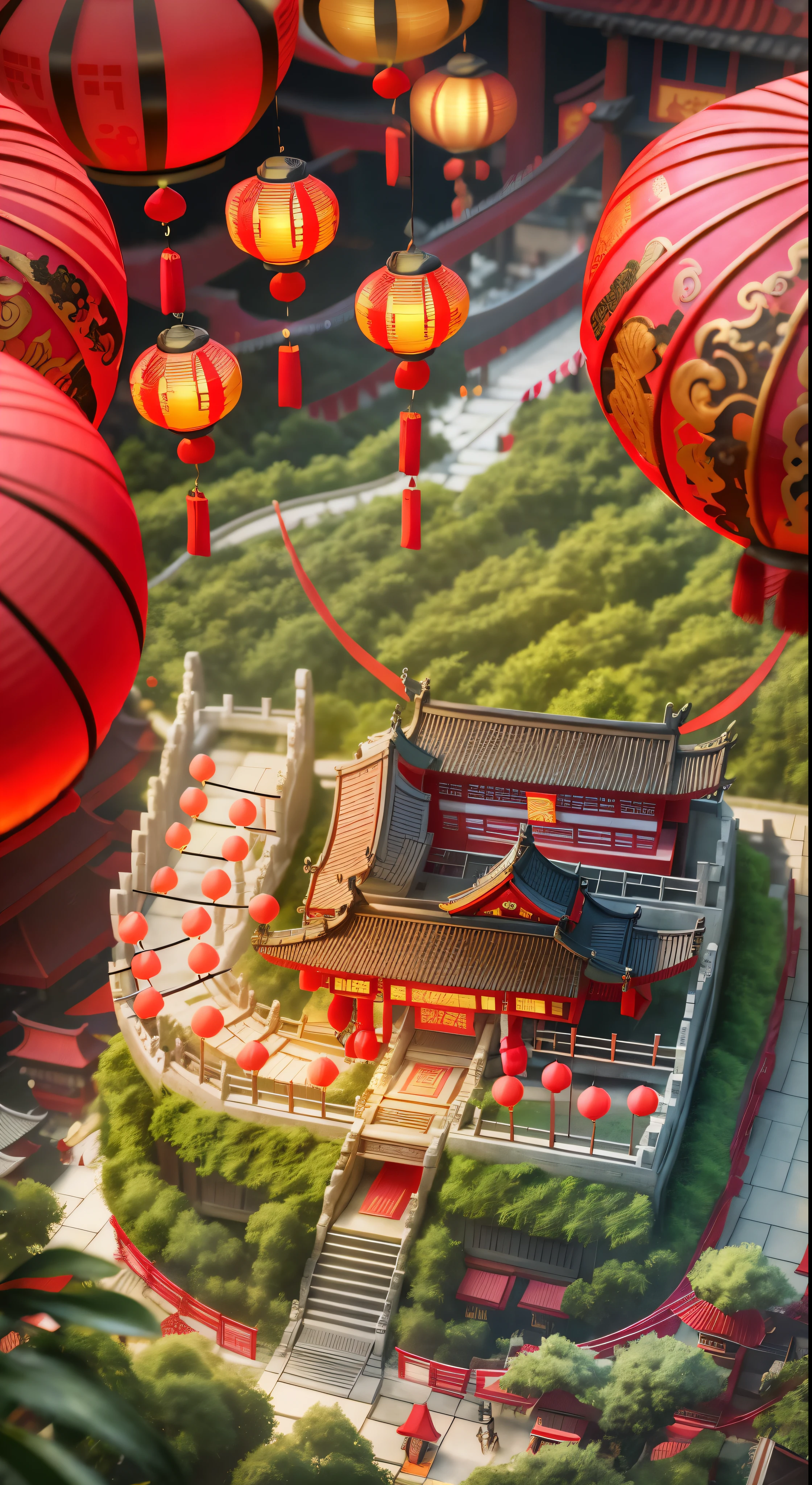 There are many red lanterns hanging on the small building, Beautiful renderings of the Tang Dynasty, Dream China Town, Behance 3D Art Trends, Behance 3D Art Trends, 3D epic illustration, 3d rendering digital art, 3D rendering stylization, floating chinese satire, Realistic 3D style, Stylized 3D rendering