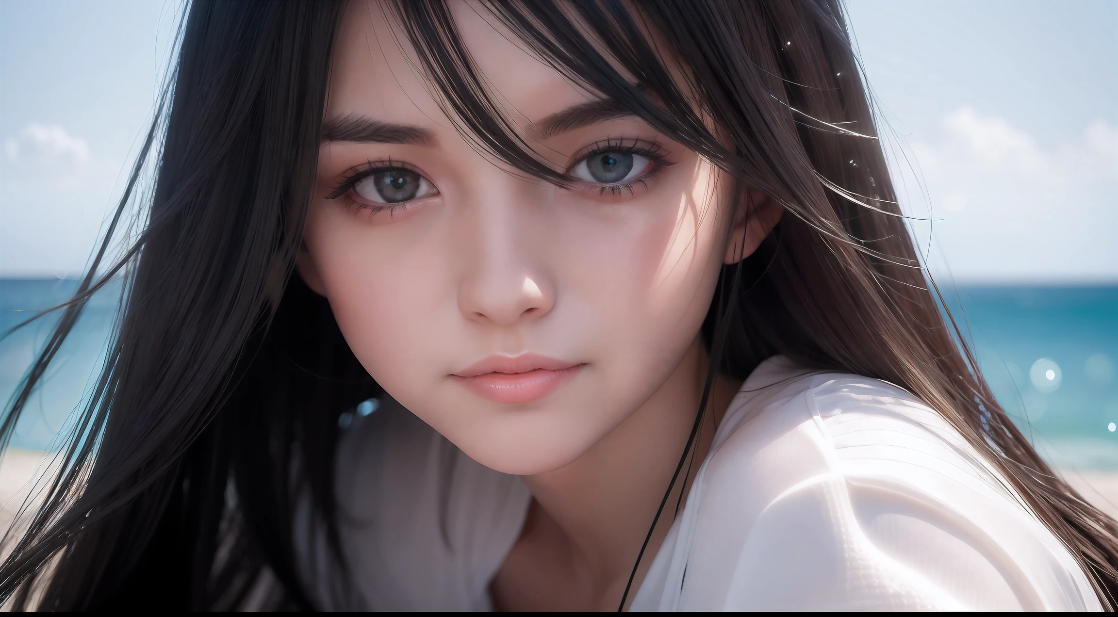 1 girl, largeeyes,Beautiful face,smile,sea beach, white shirt,black hair, long hair, big hair, cinematic lighting, close-up, bokeh, masterpiece, textured skin, high details, high quality, 4K