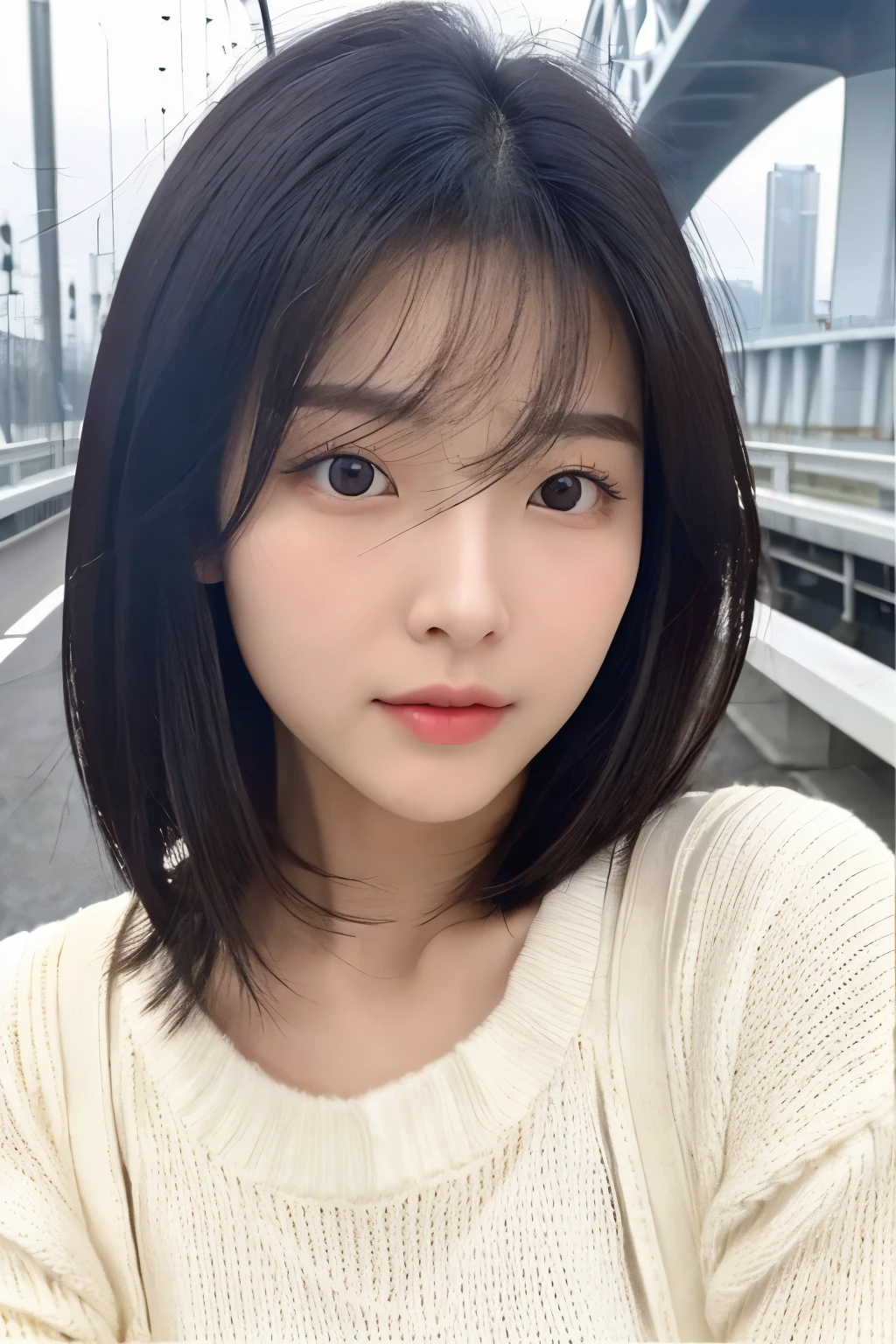 Korean woman in her 20s、white sweater、cute、black hair、clear、white background、The bridge of my nose passed、model、white skin、Shiny skin、bust shot、Perfectly double、plastic surgery face、profile、Portrait,