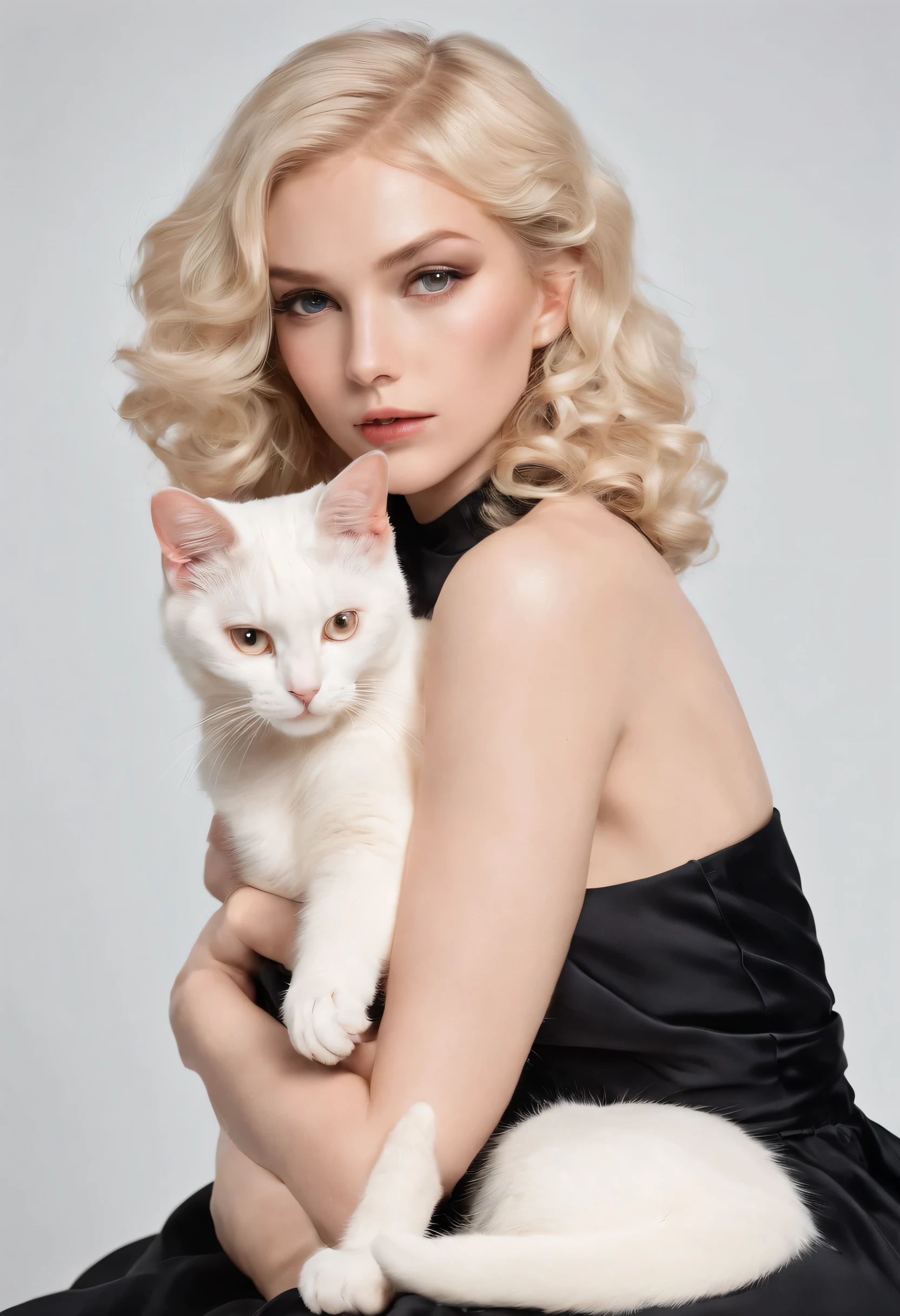 blonde, curls, black skirt, white cat in arms, hot body,Half body photo