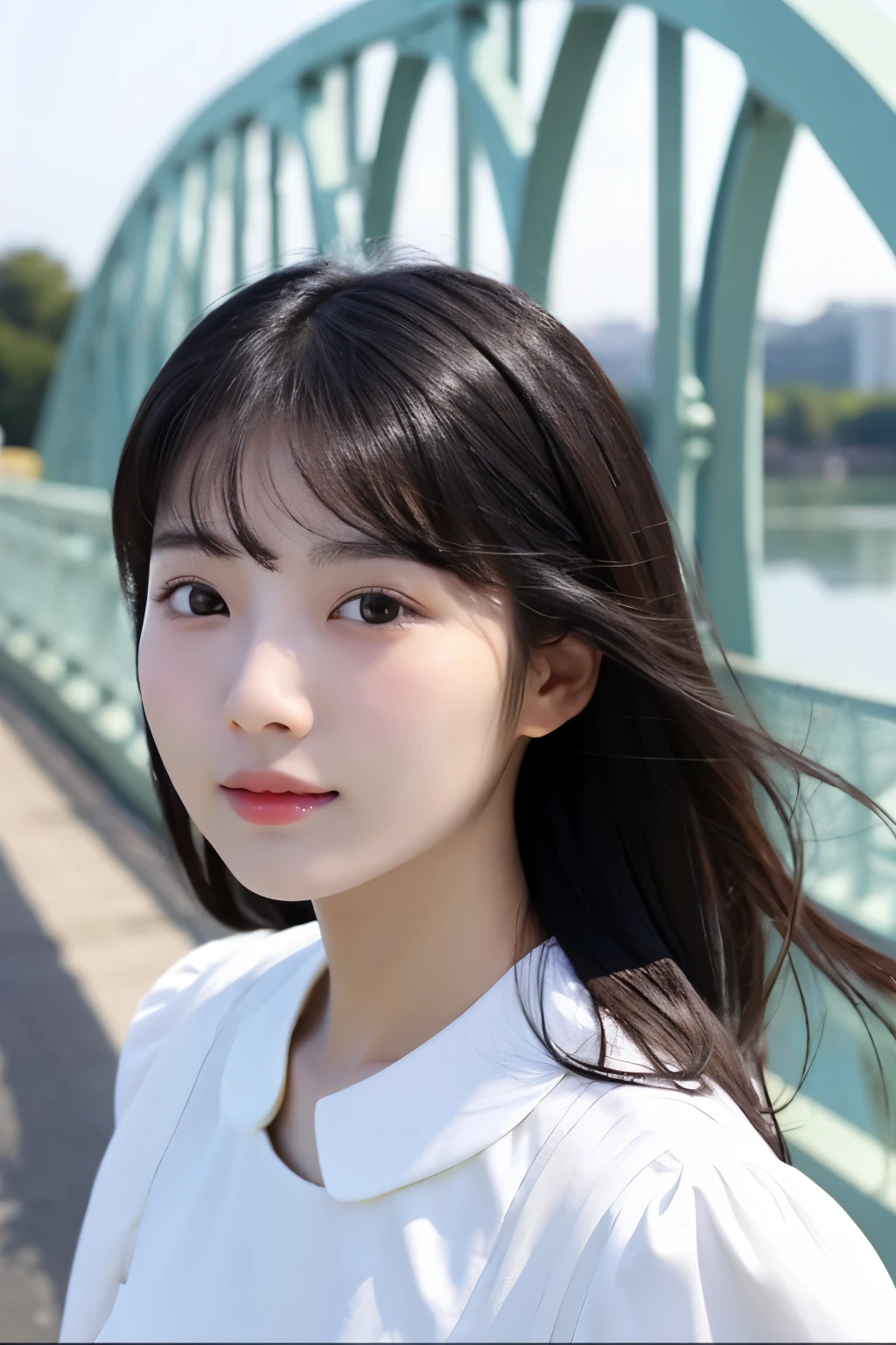 Korean woman in her 20s、white clothes、cute、black hair、clear、white background、The bridge of my nose passed、model、white skin、Shiny skin、bust shot