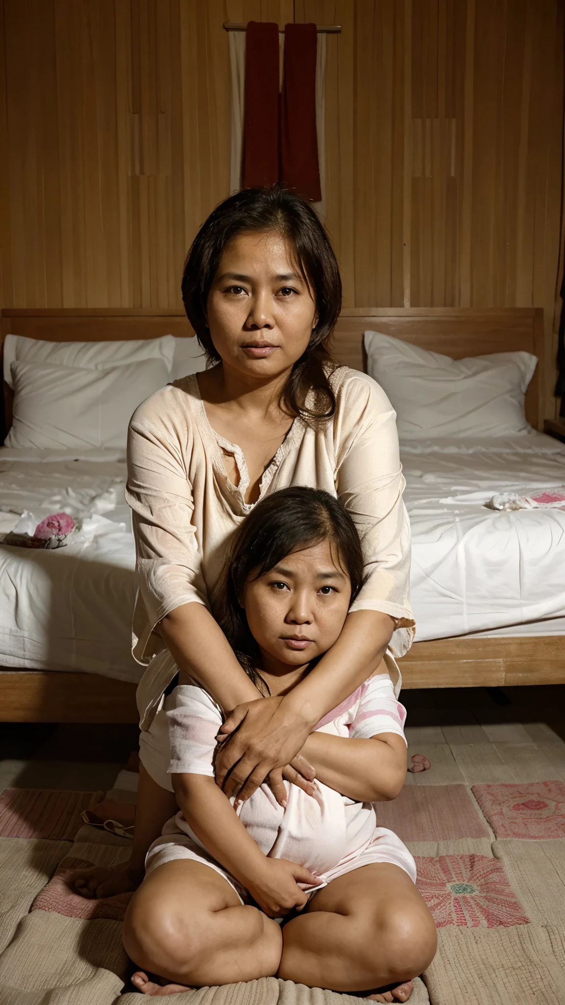 Indonesian woman aged 40 years old fat body with shabby hair not wearing clothes. Sitting in the lap and hugged by Indonesian women who are behind him 30 years old who are fat body with random hair wearing towels. Facing forward the background of the bedroom.