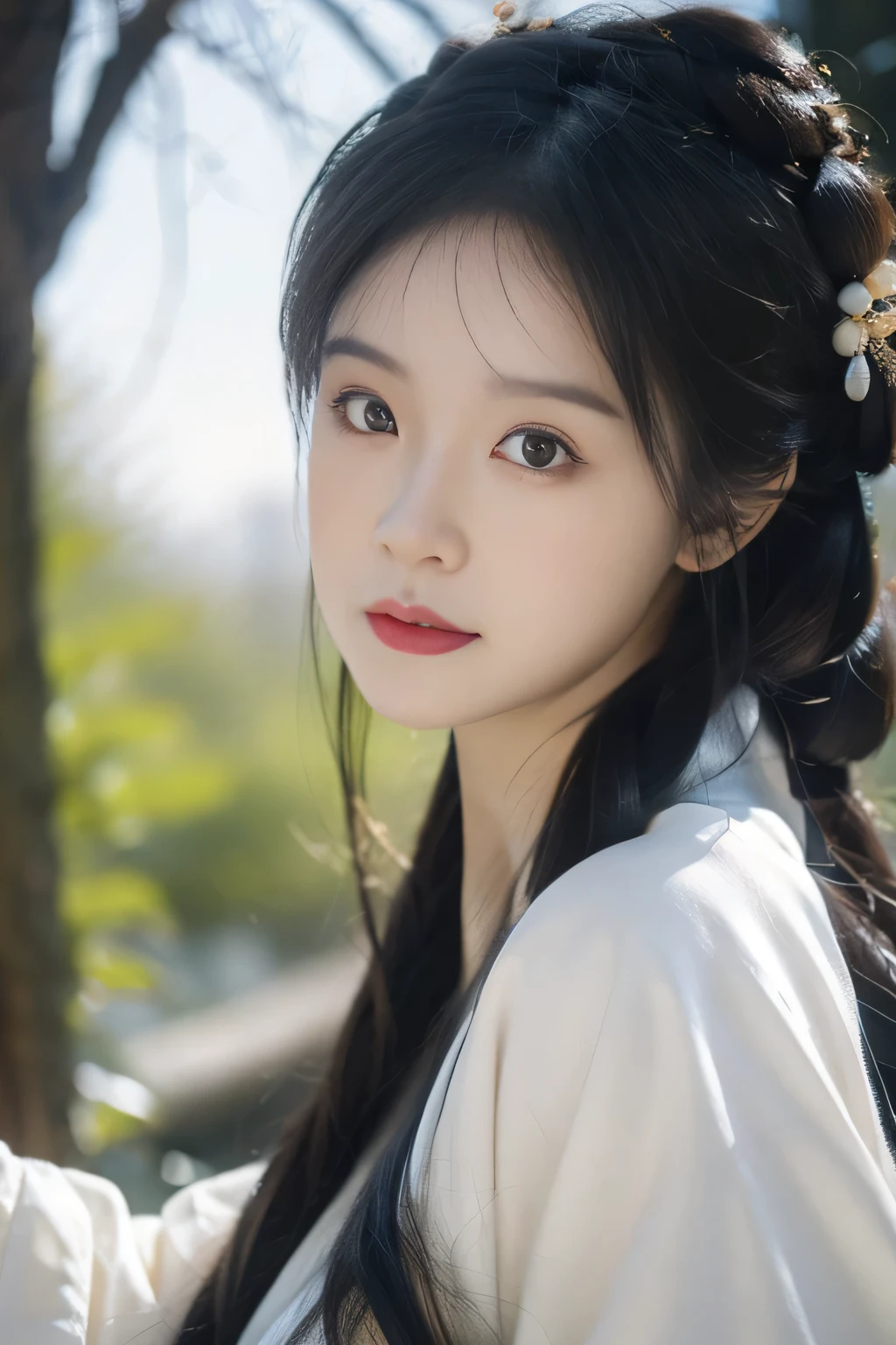 Snowing day, Hanfu women, (red hanfu), Upper body portrait photo, snowflakes flying, hairpin, OK, green trees, clear sky, bridge overhang, Dreamy, Bouguereau reports, Popular topics on artstationh, Exquisite facial features style, close-up photo style, 8k, HD, upscale, sense of reality, First-person perspective, positive face，looking at the audience，flash,