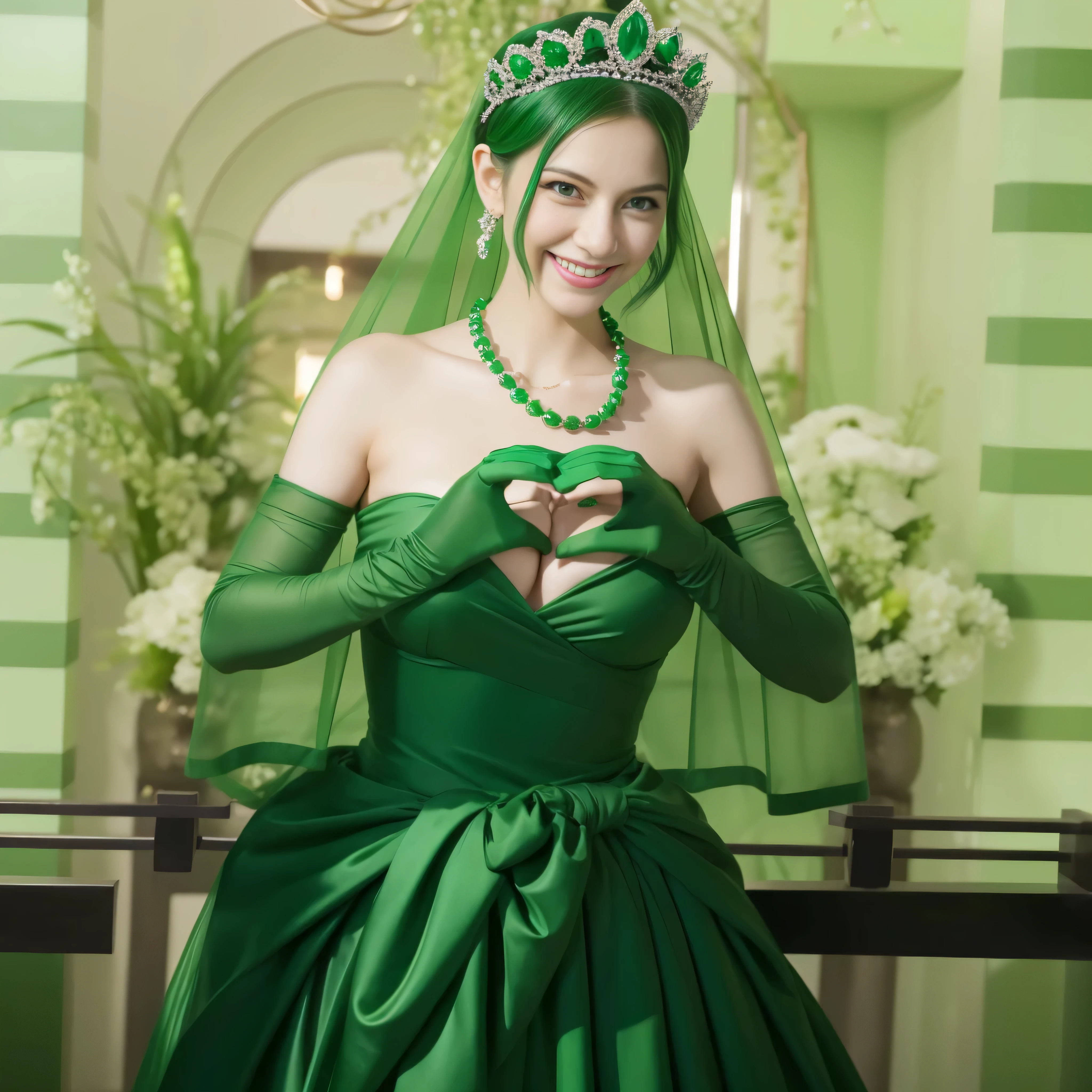 emerald tiara, Green Pearl Necklace, Boyish green berry short hair, lipstick, smiling Japanese woman, very short hair, big breasts beautiful, green eyes, green satin long gloves, green eyes, v sign, emerald earrings, Green veil, green lip gloss
