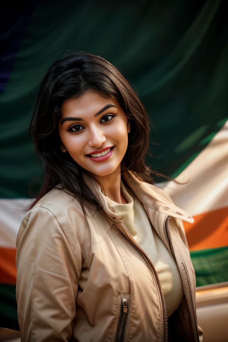 Realistic photo of (yaelaris: gr4c3f:0.5)  in jacket on top ,( indian flag background), playful smile, beautiful face, furious dark haired women, gorgeous goddess female , analog style, looking at viewer, skin texture, film grain, close up, ultra high res, best shadow, RAW, instagram LUT