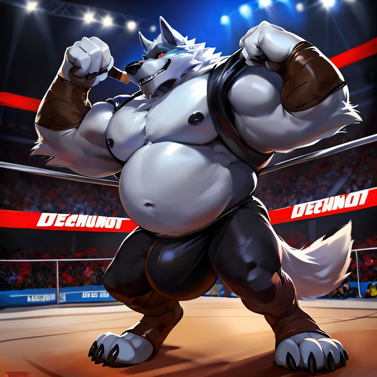 sozinho, macho, ((deathwolf_puss_in_boots_2)),wolf, rosto grosso, Face larga, ombros largos, musculoso, polir, forte, alto, gigante, Massive, enorme, gigantesco, Big biceps, Pecs grandes, chubby, big belly , Virilha detalhada, massive bulge, por darkgem, por Mystikfox61, por chunie, por vader-san, Olhando para o Viewer, sombrio, Dramatic, arena , wrestling venue, grandstand, traje espacial azul, uniforme, wrestling