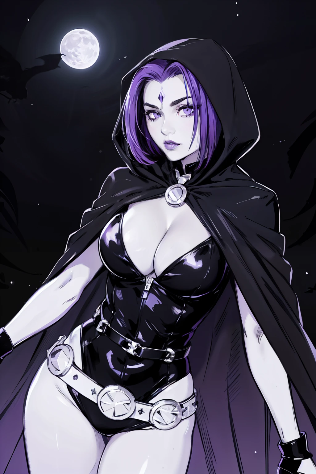 1girl, raven, black leotard, black cape, hood, purple hair, forehead jewel, purple eyes, short hair, belt, skin tight, standing, cleavage, toned, breasts, pose, night, moonlight, ((posing)), motion lines, torso, upper body, portrait, b&w. outline, reduced palette, minimal color range