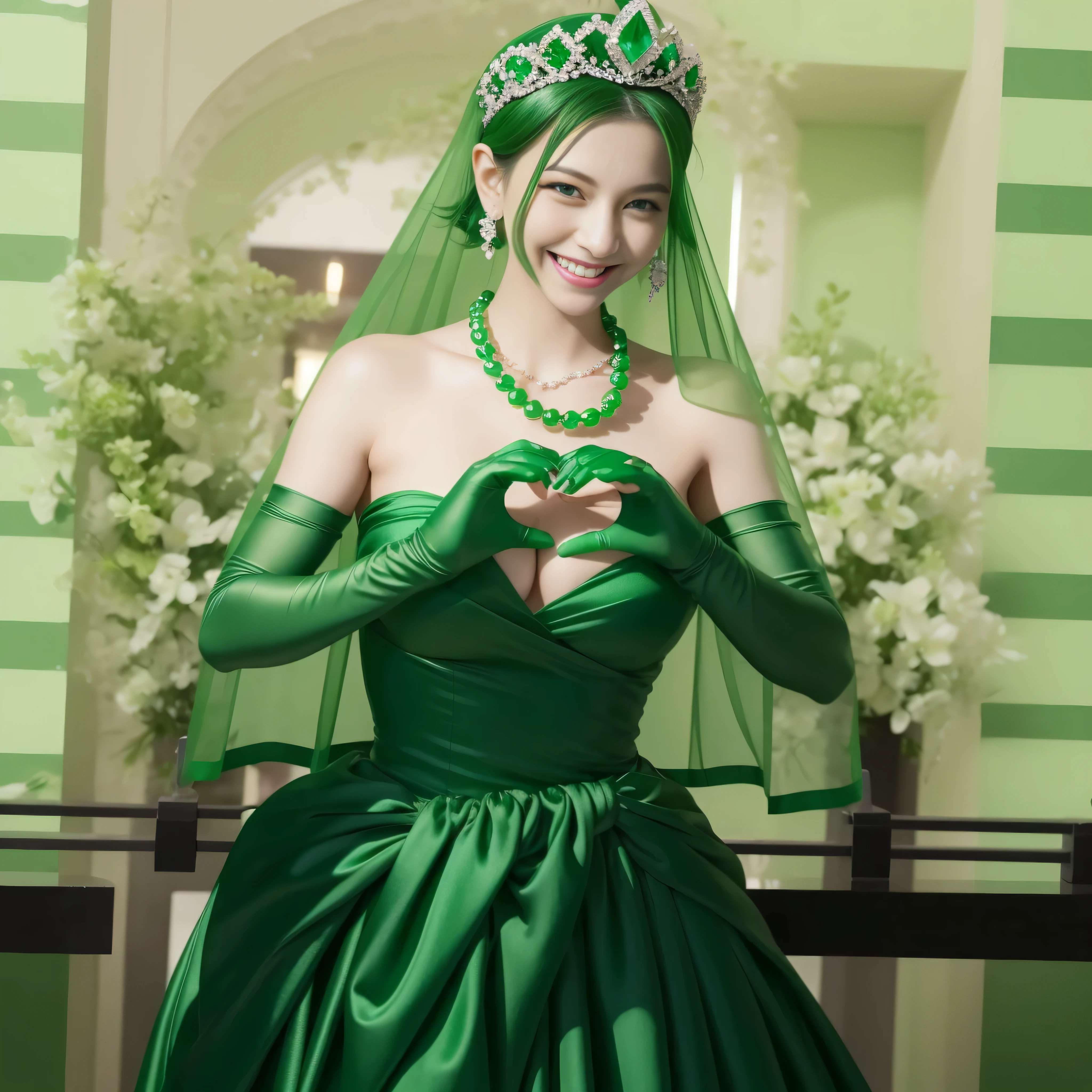 emerald tiara, Green Pearl Necklace, Boyish green berry short hair, lipstick, smiling Japanese woman, very short hair, big breasts beautiful, green eyes, green satin long gloves, green eyes, v sign, emerald earrings, Green veil, green lip gloss
