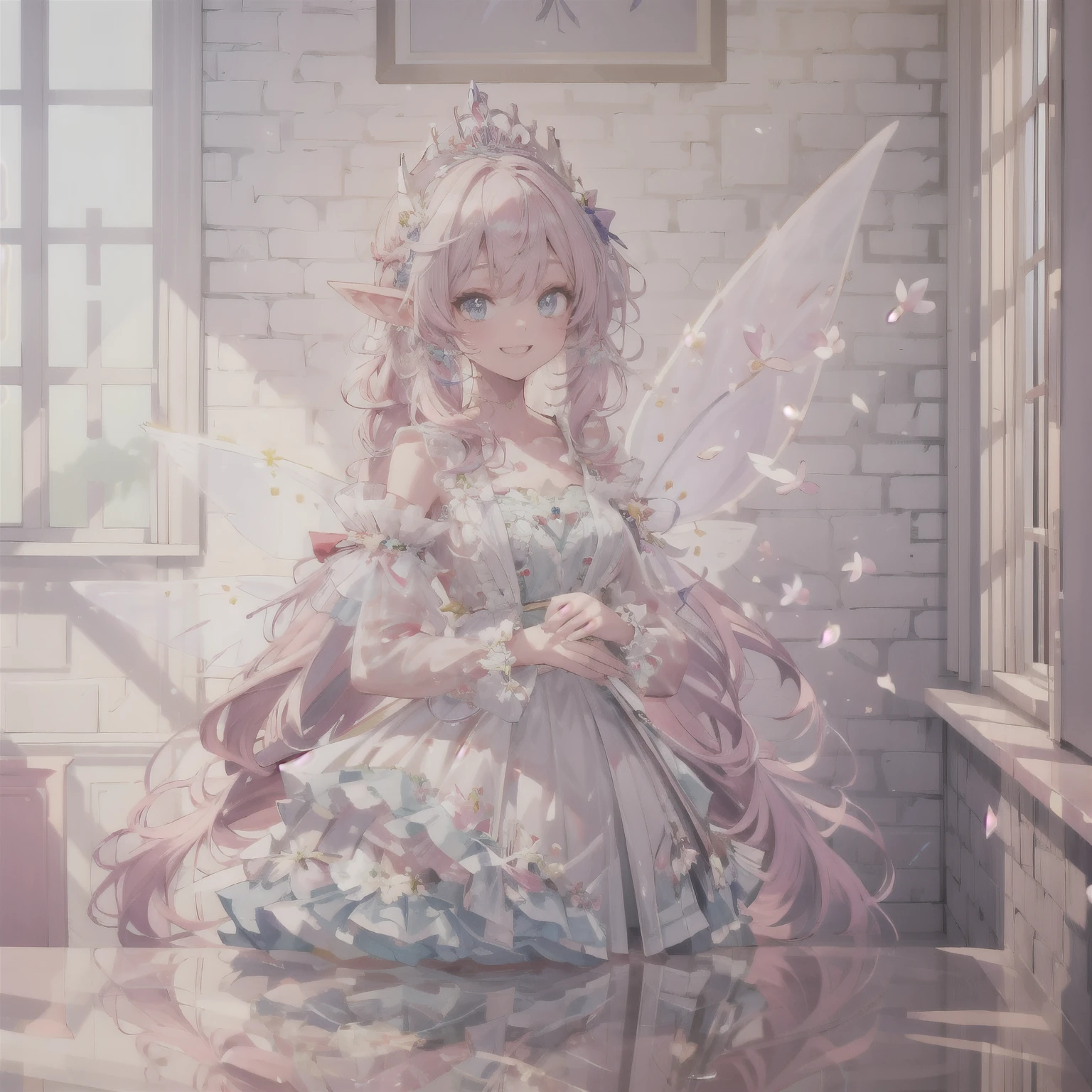 masterpiece,highest quality, Extremely detailed, beautiful, exquisite, 16k, Full HD, disorganized,petals dance,flower garden,((Upper body,half body photo)),((smile,Happy:1.5)),((Sparkling fluffy layered ball gown)), (Grasp the hem of your dress and bow slightly.),lots of flowers,Floral decoration,((Surrounded by roses)),ruffles and rhinestones, ( table top, art station, fantasy art:1.2), 優雅なsmileで佇む，pastel colour,((giant white fairy wings))、white skin,gradient hair, pink hair, hair blowing in the wind, wavy hair,fluffy hair,tiara,lavender eyes, long eyelashes, beautiful eyes、pale pink cheeks,pointed ears, bright eyes,dazzling light, warm lighting,