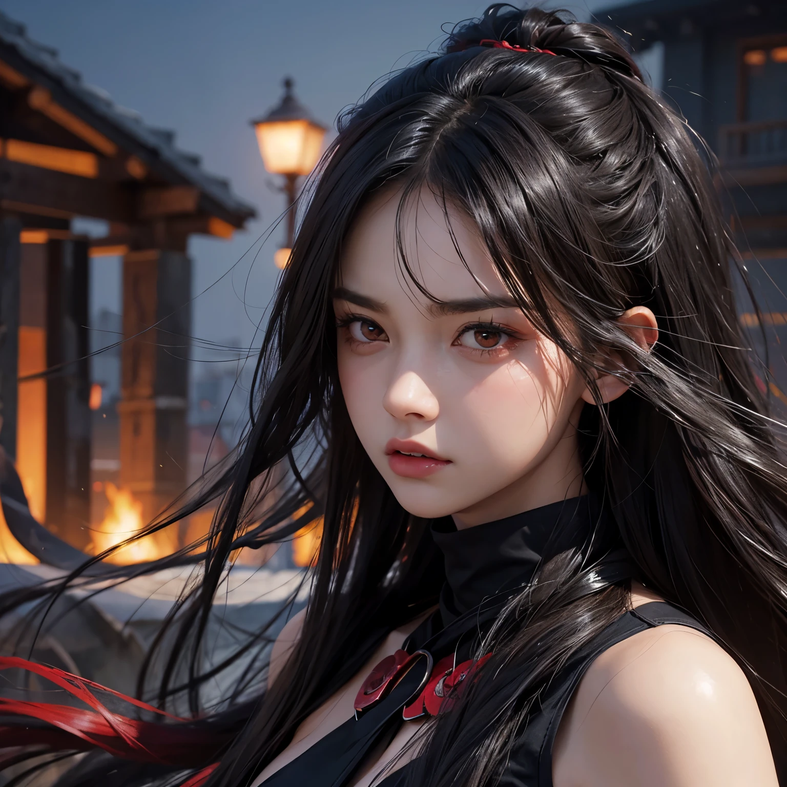 Perfect face,realism,19 years old,red eyes,long hair,black hair,girls,angry,on village