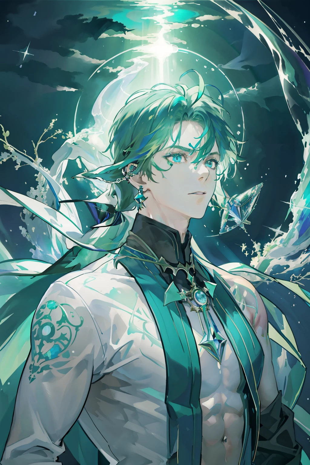 masterpiece, best quality, 1 male, adult, mature, tall muscular guy,green hair, blue eyes, neck tattoo, three ear stud's,Dark theme, Magic circle, bubble, rainbow Sunlight, Underwater, Reflected mirror, floating piece of Glass, Rainbow light, Bubble Swirling, wind Swirling, Aurora, fantasy scenery, Starlight around the character, (upper body)
