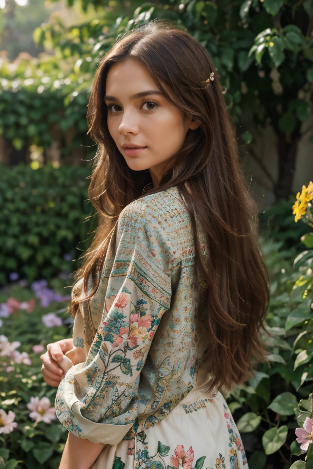 extremely detailed face, long brown hair, stylish clothing, confident expression, standing in a vibrant garden, surrounded by colorful flowers and green foliage, with sunlight illuminating her from behind, creating a soft and warm atmosphere, portraying her in a realistic style, showcasing the vibrant colors of the flowers and the intricate details of her face and clothing, with a touch of bokeh effect to add depth and dimension to the scene. (best quality, 4k, highres, ultra-detailed, photorealistic), (portraits, nature, vibrant colors), (warm tones, bokeh), (studio lighting, sharp focus), (professional).