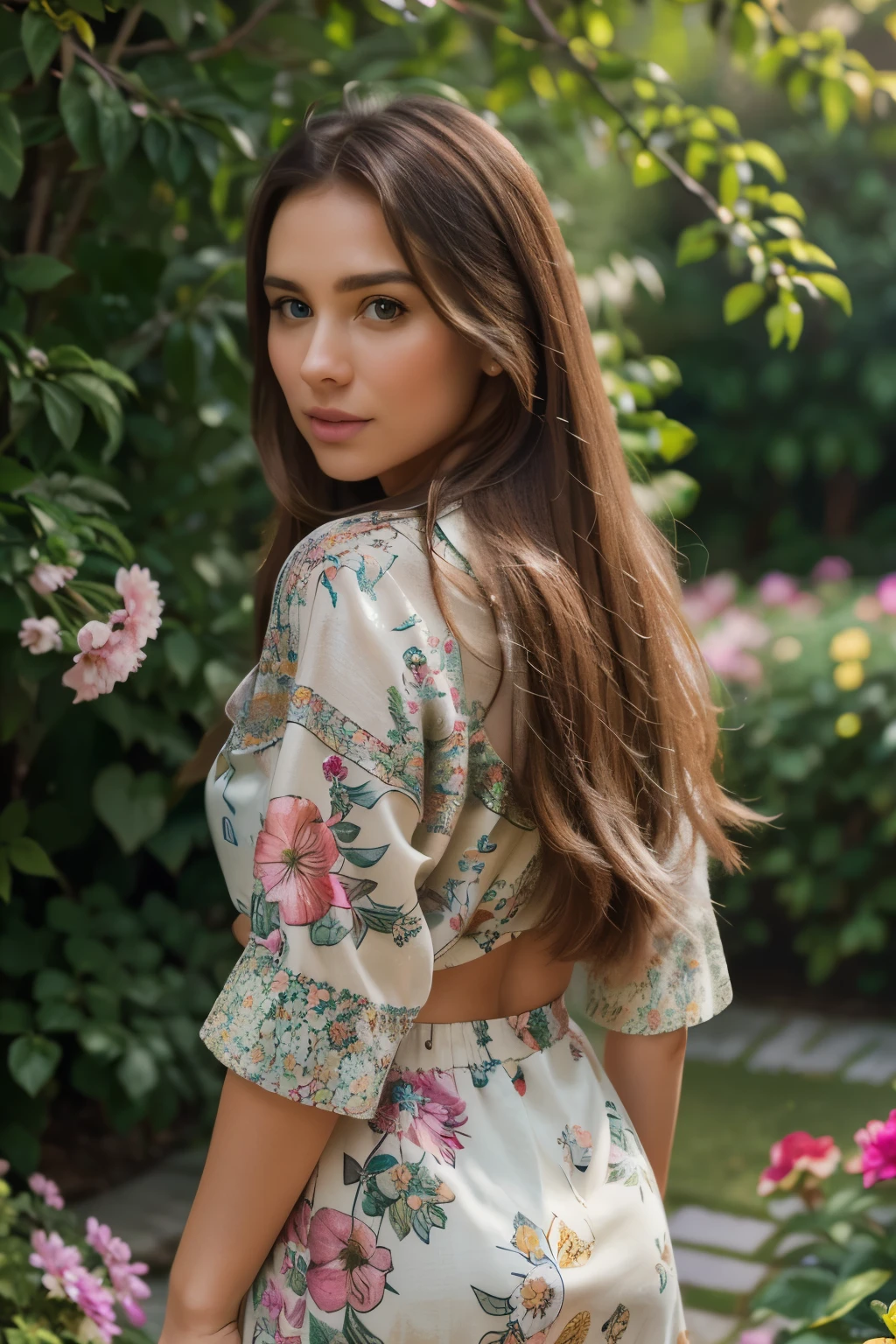 extremely detailed face, long brown hair, stylish clothing, confident expression, standing in a vibrant garden, surrounded by colorful flowers and green foliage, with sunlight illuminating her from behind, creating a soft and warm atmosphere, portraying her in a realistic style, showcasing the vibrant colors of the flowers and the intricate details of her face and clothing, with a touch of bokeh effect to add depth and dimension to the scene. (best quality, 4k, highres, ultra-detailed, photorealistic), (portraits, nature, vibrant colors), (warm tones, bokeh), (studio lighting, sharp focus), (professional).