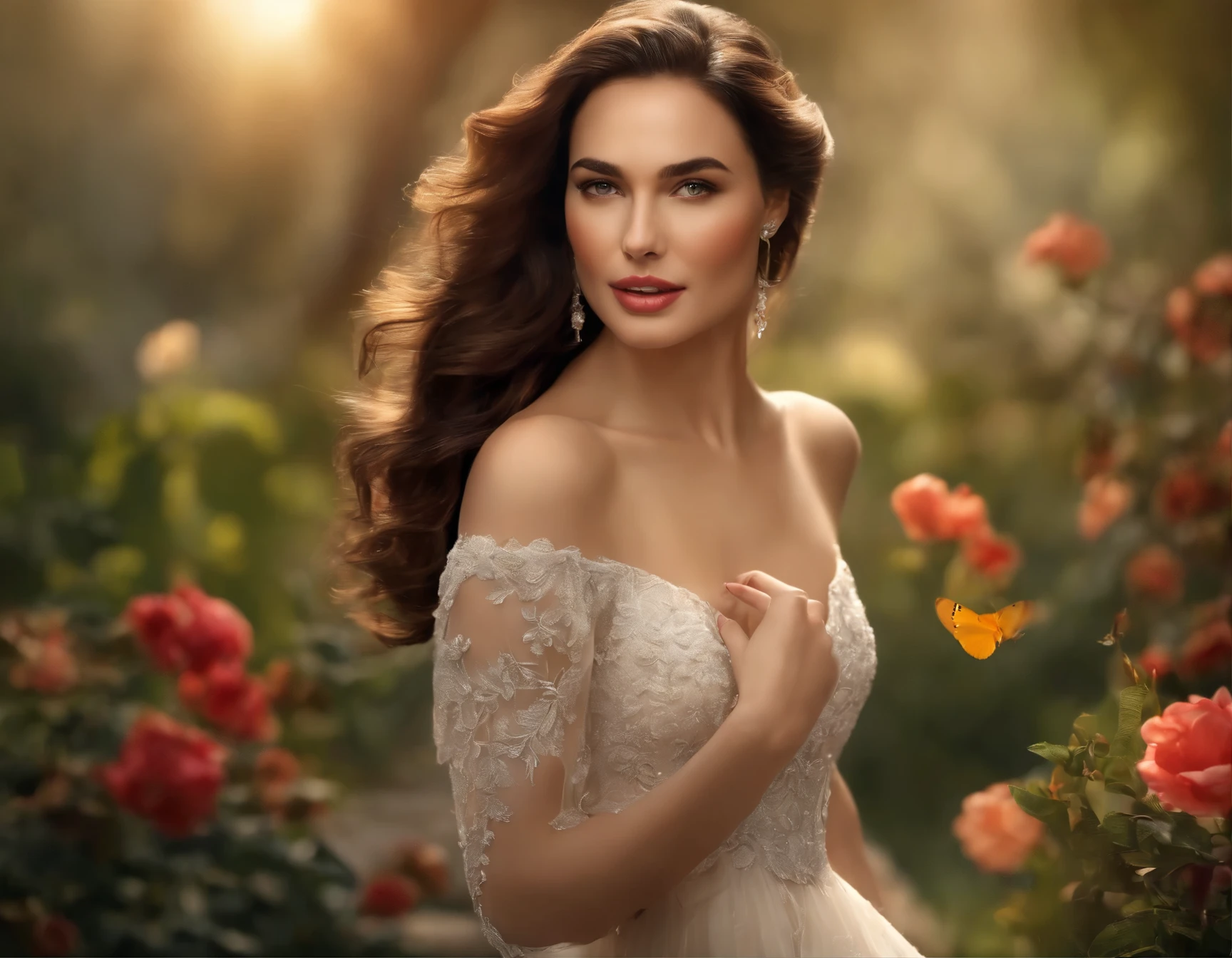 (a realistic,photorealistic:1.37)(best quality,4k,8k,highres,masterpiece:1.2),ultra-detailed,HD,elegant woman,beautiful detailed eyes,beautiful detailed lips,longeyelashes,brunette hair flowing gently in the breeze,perfectly shaped eyebrows,a charming smile,exquisite facial features,shimmering skin,magical garden with vibrant flowers and lush greenery,soft sunlight illuminating the scene,gorgeous flowing dress,graceful posture,delicate hands,powerful yet gentle presence,dreamy atmosphere,ethereal beauty,colorful butterflies dancing around her,subtle warm color tones,impeccable composition,portrait of Gal Gadot resembling a masterpiece,soft and natural lighting enhancing her captivating features,romantic and enchanting ambiance,exquisite attention to detail in every aspect of the painting,meticulously crafted to capture the essence of Gal Gadot's allure and elegance,creating a timeless and mesmerizing artwork.