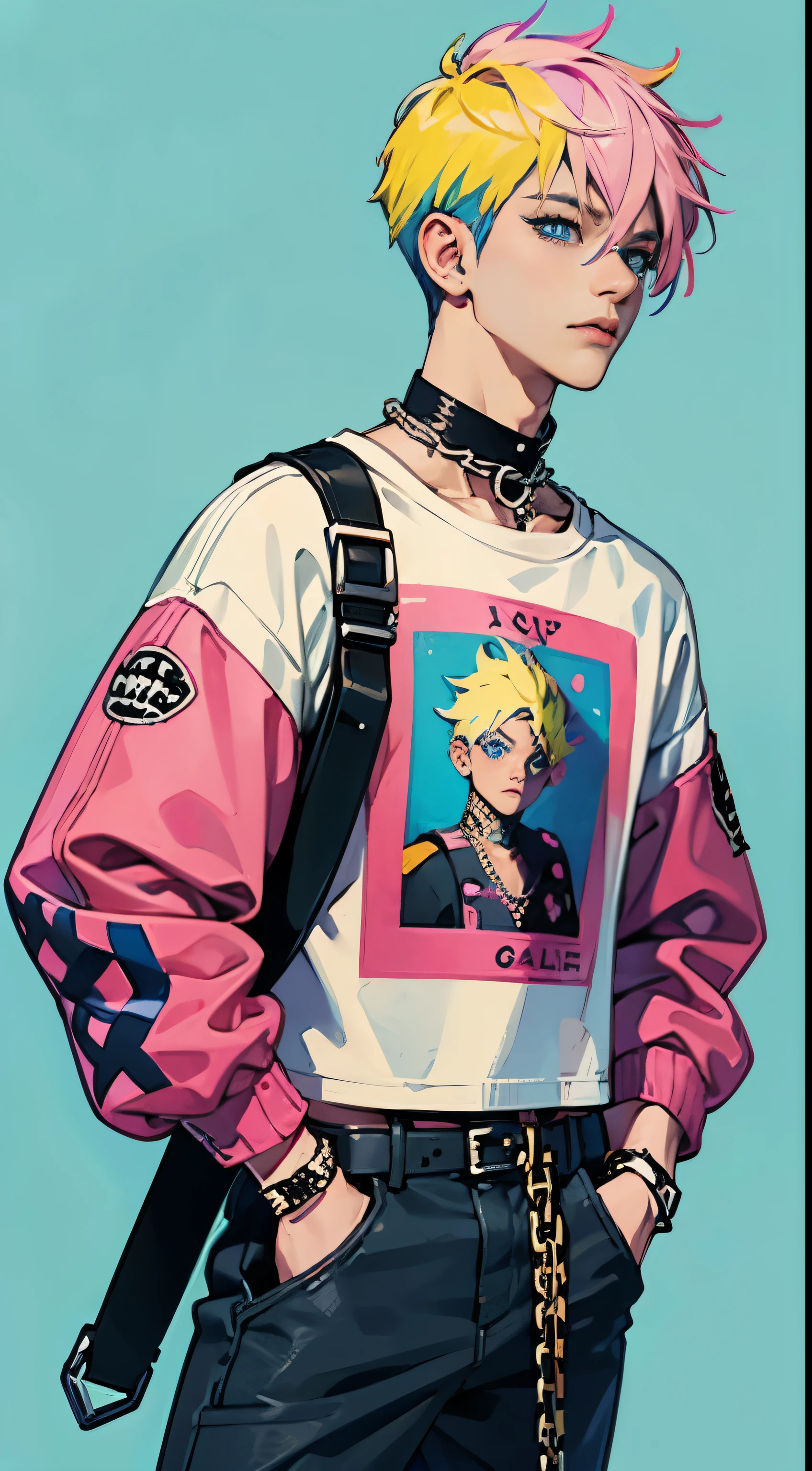 Boy--, punk, belts, chains, piercing, pastel yellow hair with pink highlights, Colorful prints on clothes, Faithful loose pants, берцы, hooligan, Blue eyes, simple background