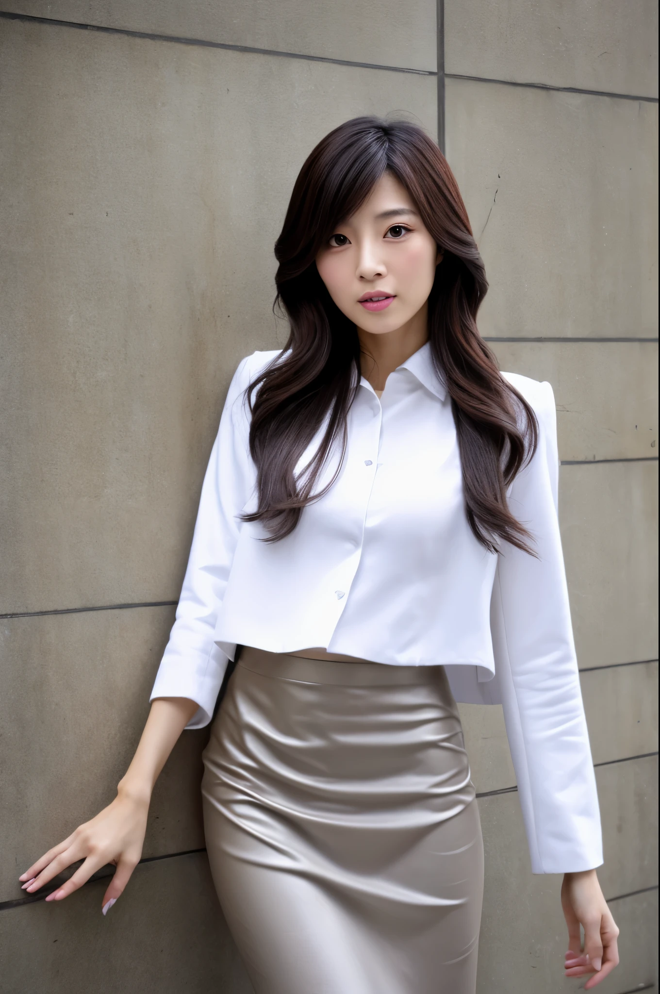 Skinny Japanese lady, 30 years old, 1girl, In front of a large wall, Realisitic, Beautiful Woman, Jacket, White shirt, tight skirt, high-heels, A detailed face, Detailed lips, A detailed eyes