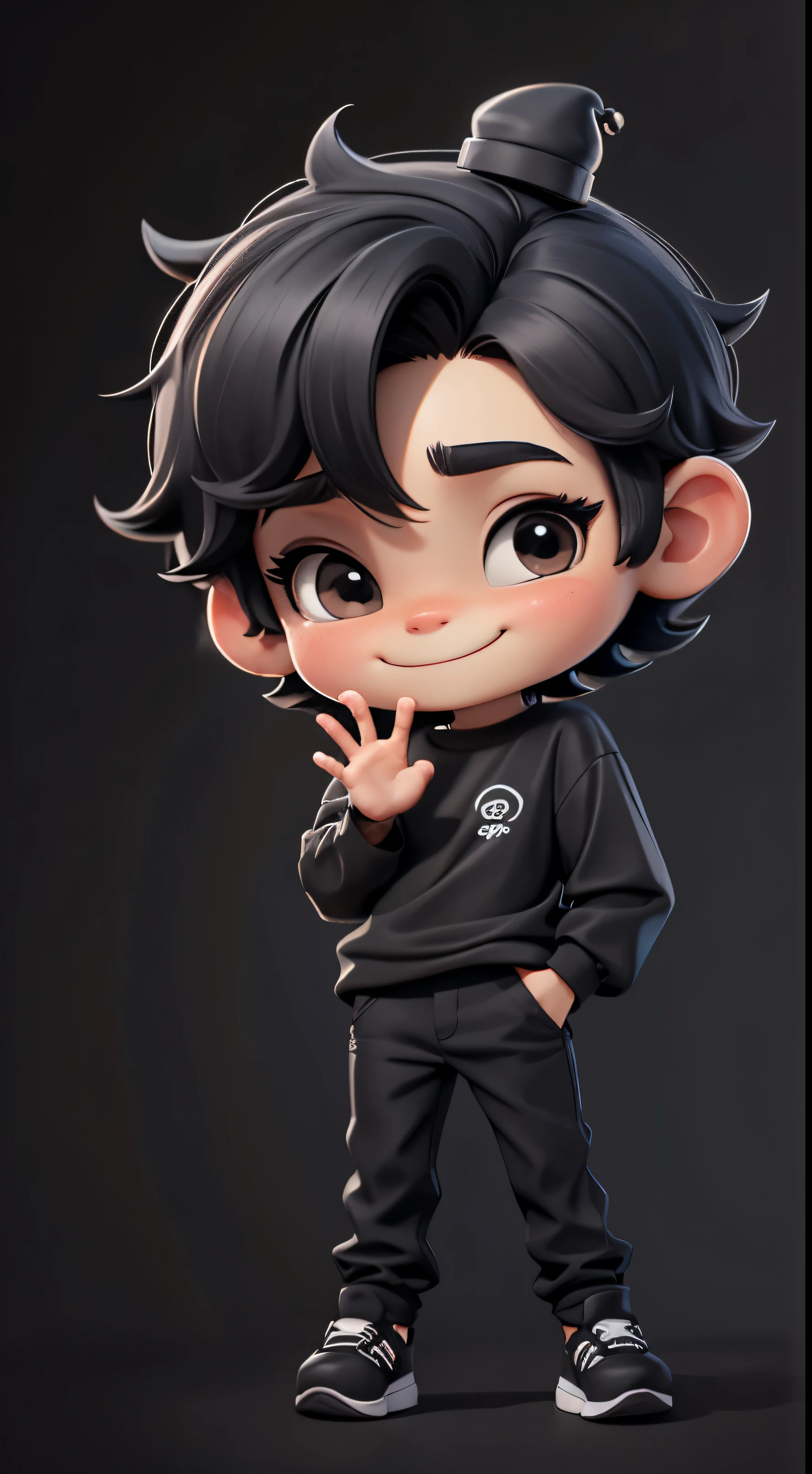 chibi boy, smile,wear a black hat, black hair, black eyes, Wear a black long-sleeved shirt with a wave pattern..,black pants,black shoes ,