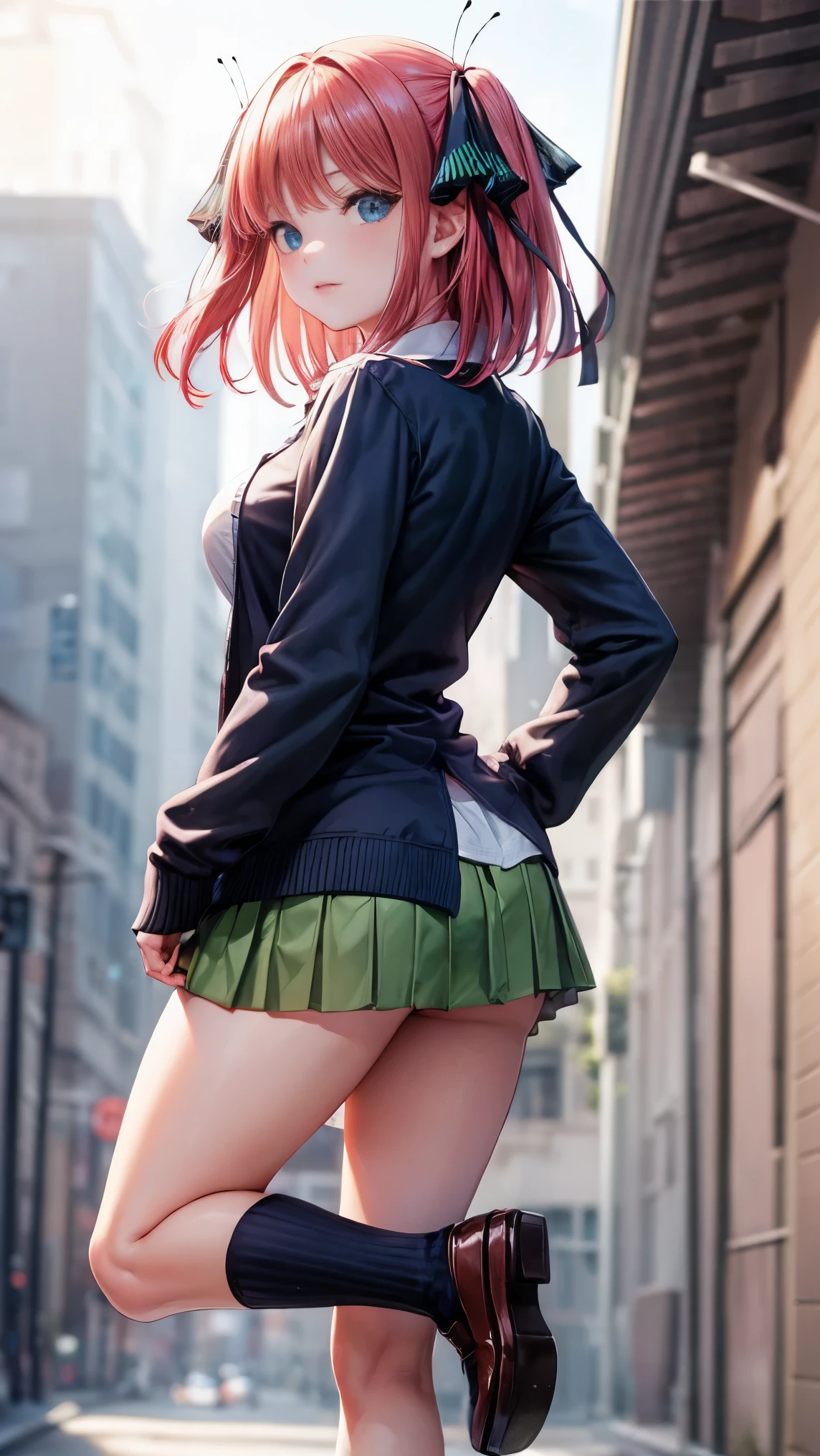 highest quality、one girl、、full body figure，big 、big tits perfect five fingered hands、Nino Nakano,shy face、perfect thing、big breasts、perfect arms、perfect legs、detailed description、small details、detailed face、white skin、plump legs、In town、In town、back view、look back、turn around、Pose that emphasizes the buttocks、black lace panties、I can see your panties、Skirt flip、lift skirt、nino nakano, short hair, bangs, blue eyes, hair ornament, hair ribbon, pink hair, blunt bangs, two side up, butterfly hair ornament,skirt, shirt, long sleeves, white shirt, pleated skirt, open clothes, collared shirt, sleeves past wrists, dress shirt, cardigan, green skirt, open cardigan, black cardigan,white thighs socks、erotic pose