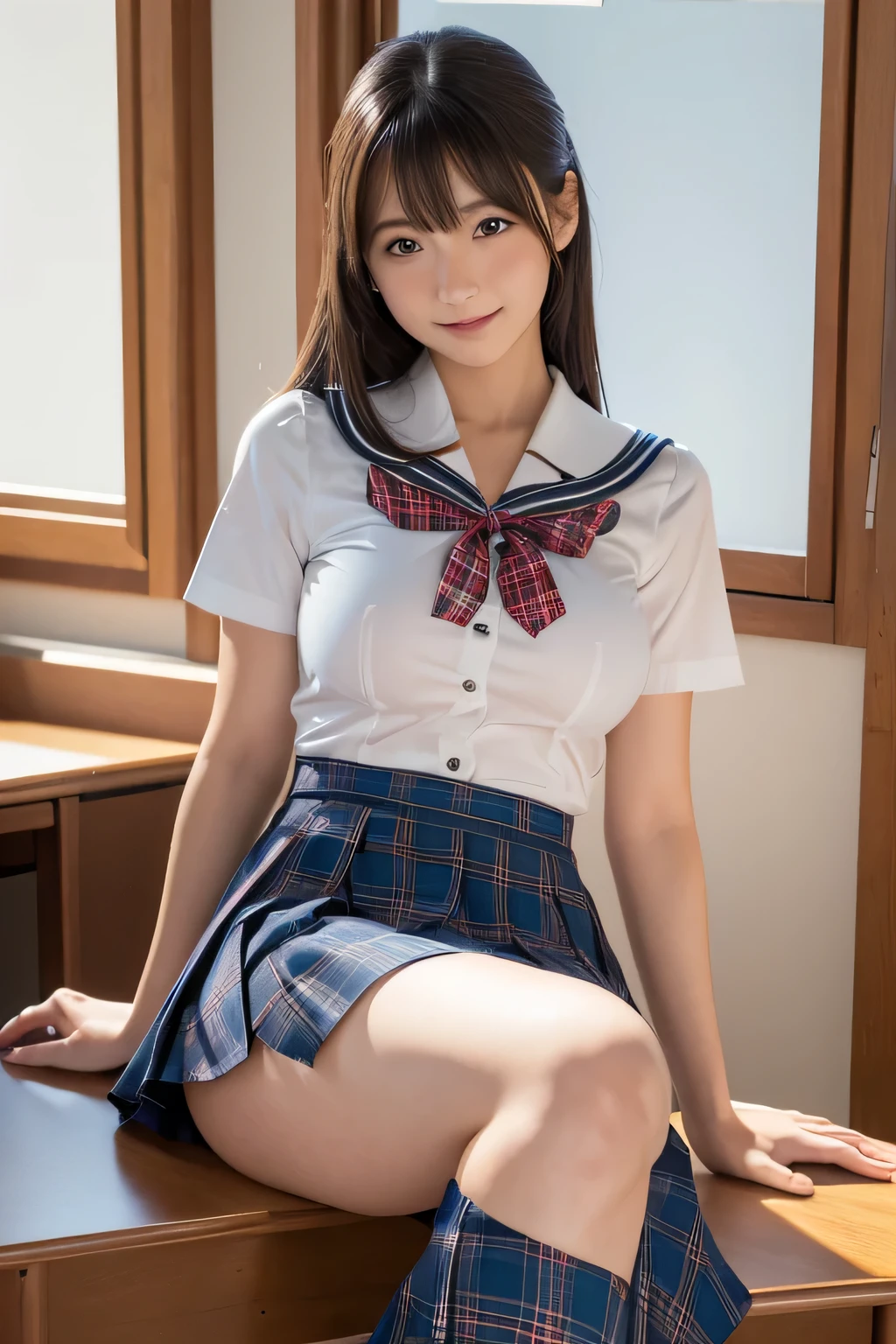 ((table top, highest quality, High resolution, perfect pixel, 4k)), realistic, Highly detailed CG Unity 8k wallpaper, Depth of written boundary, cinematic light, Lens flare, ray tracing, cute, japanese gal, 18-year-old、big breasts, cleavage, thighs are open, smile, ((smooth texture:0.75, realistic texture:0.65, realistic:1.1)), I can see your pants, Skirt flip, short skirt, dark blue plaid skirt, red plaid skirt, Pants visible from skirt, underwear with a small ribbon、Brown loafa、black shoes、high school uniform、japanese sailor suit、Pants with ribbons、white blouse、The clothes are fluffy, My blouse button came off, ブラウスから見えるcleavage, classroom, health room, bed , Pubic hair is transparent、 Underwear with a small area, string panties , Angle from feet