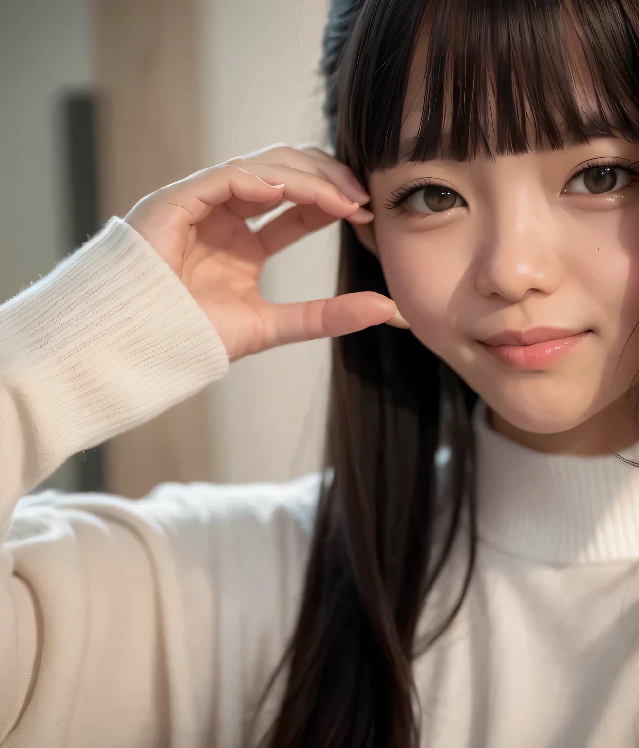 Arafi girl wearing a white hat and black sweater, Ulzzang, princess cut, Cute girl - well-groomed face, she has black hair with bangs, Chiho, neat hair with bangs, cute - well-groomed - face, 🤤 girl portrait, Clean and cute face, 19 year old girl, shikamimi,