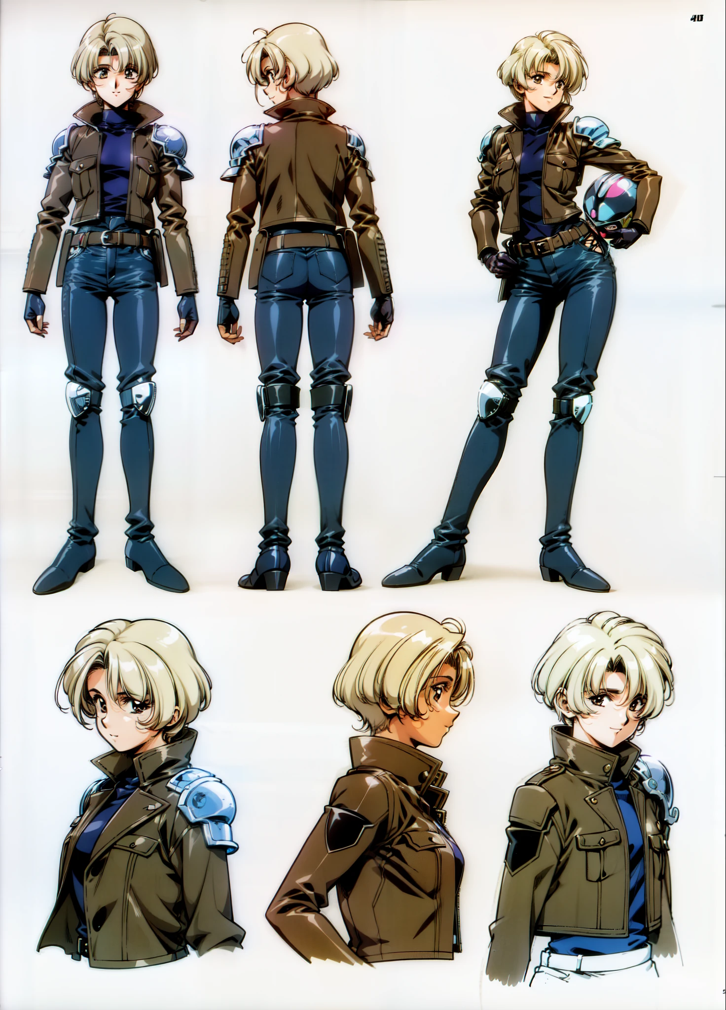 urushihara satoshi,,character sheet,character design,character concept,highly detailed,flat color,best quality,elegant standing(((girl))),,masterpiece,,urushihara satoshi,1girl,,1980s \(style\), normal proportion,((masterpiece)),(((best quality))),DETAILED FACE, 1girl, solo,(((very short hair))),brown hair,boots,pistol on pants,armor on half shoulder,,short hair,retro artstyle,,,best shadow,sillhouttes lighting,,(girl:1.3),(((urushisato))),,4k,sharp,,buat dengan gaya 80s anime,buat rambutnya menutupi kuping,muka wanita dewasa,buat dia seperti umur 25tahun,,warm smile,mata yg indah,, looking at viewer,belt,brown trucker jacket, holding helmet,tan skin tone,badass,cool,dope,side view, from below, flat color,same character,