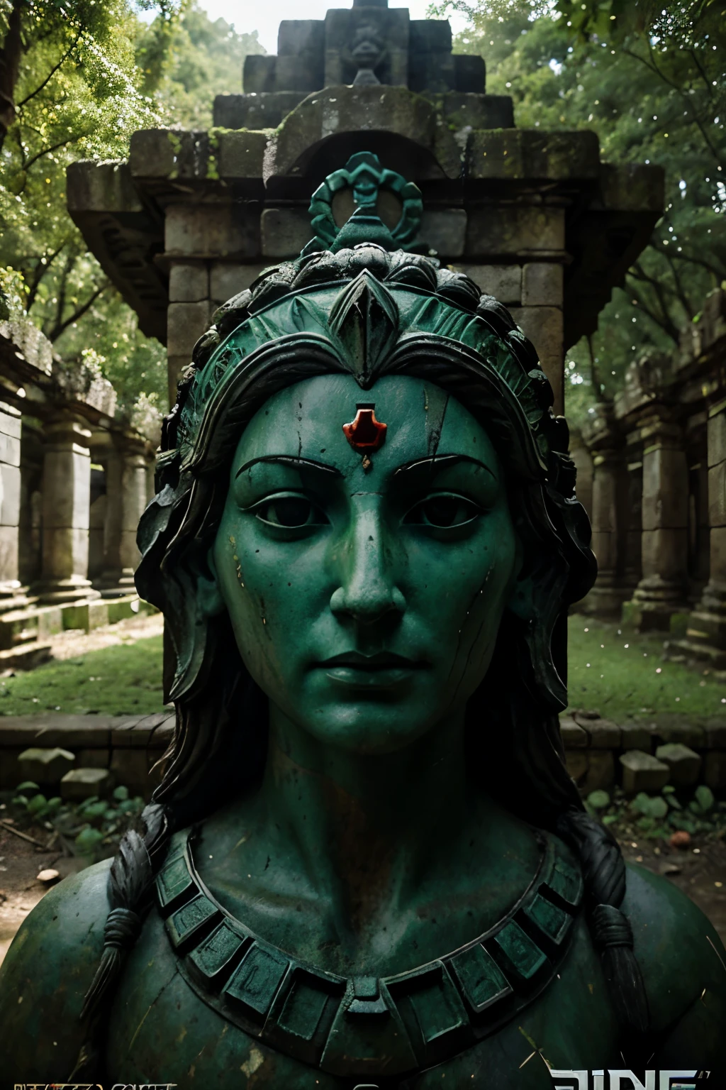 there is a stone statue in the middle of a forest, stone eyes, still from the aztec cyborg movie, facade of freddy mamani sylvan, cg game, movie promo image, big temples, face shown, in a shrine, examining ruins