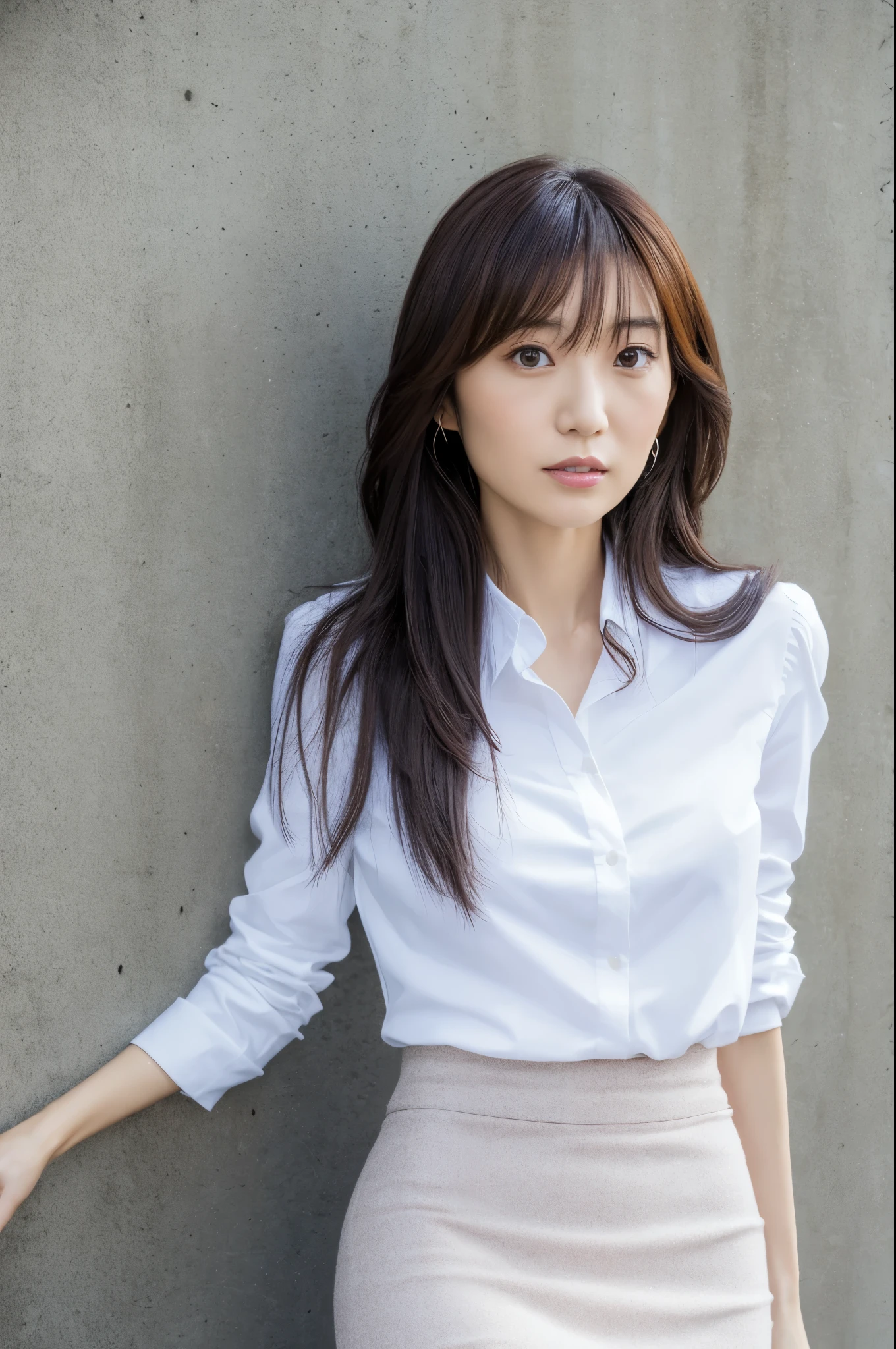 Skinny Japanese lady, 30 years old, 1girl, In front of a large wall, Realisitic, Beautiful Woman, Jacket, White shirt, tight skirt, high-heels, A detailed face, Detailed lips, A detailed eyes