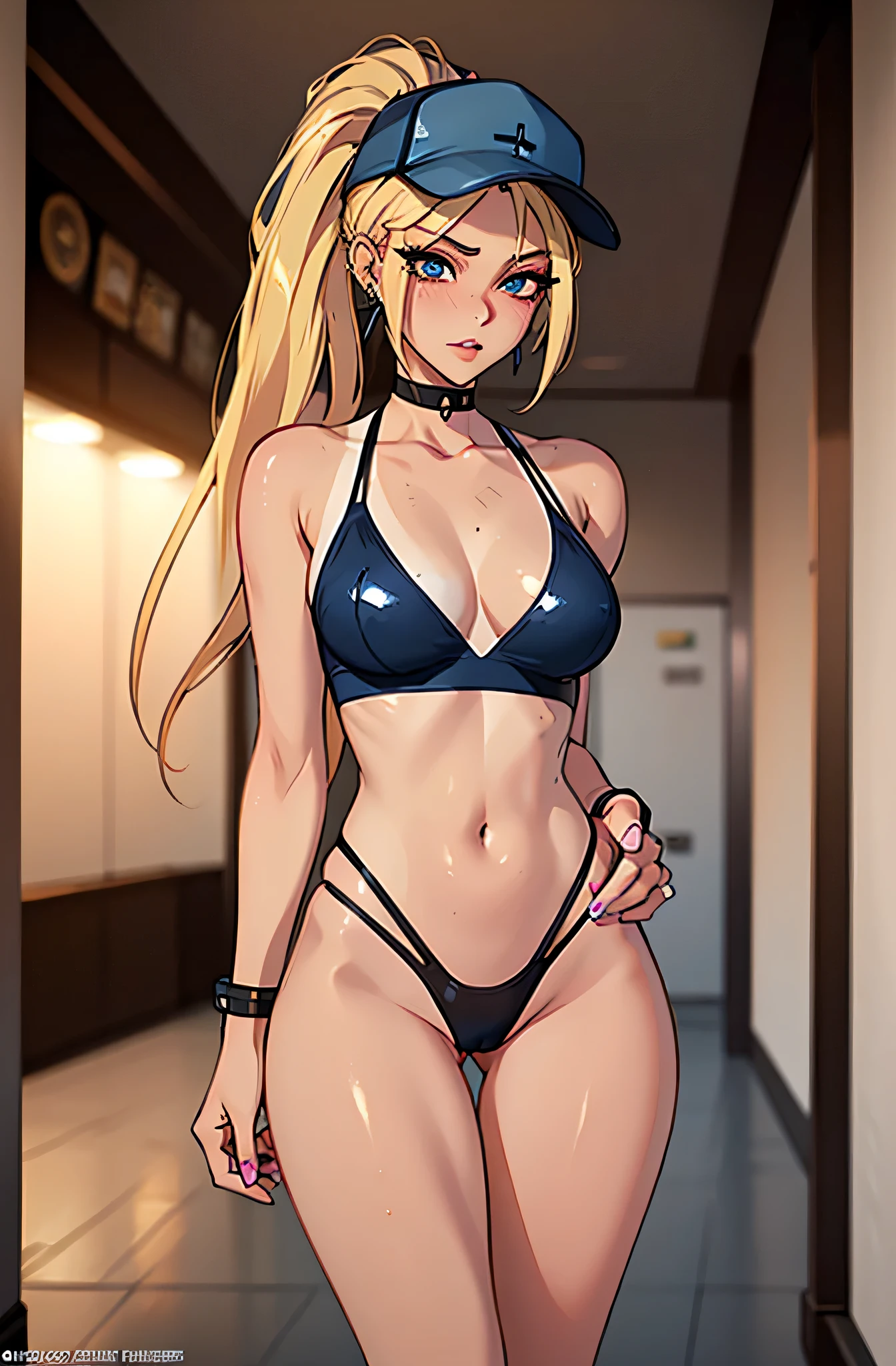 , 1girl,a beautiful fashion model ,(masterpiece, official art, best quality) (blue eyes) shiny hair, long bob, blonde hair with blonde streaks in hair, ponytail, full lips, upturned nose, big , stripping, elegant makeup, exhibitionism, naked in public, , slim thighs, toned body, shiny skin, sexy pose, blue eyes, (((arrogant, flirty)))), narrow hips, wearing high hip thong and see-through top, , ((girl wearing cyber punk outfit, embarrassed)), gold hoop earrings, pink eyeshadow, thong, cute face, gym,, (((tan skin, dark skin, tan lines))), tanned, hat