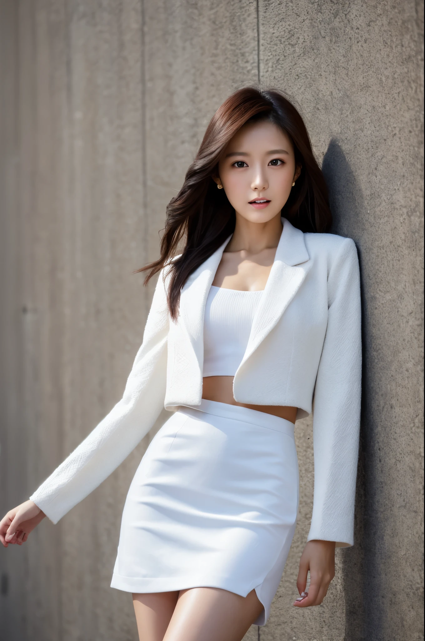 Skinny Japanese lady, 30 years old, 1girl, In front of a large wall, Realisitic, Beautiful Woman, Jacket, White shirt, tight skirt, high-heels, A detailed face, Detailed lips, A detailed eyes