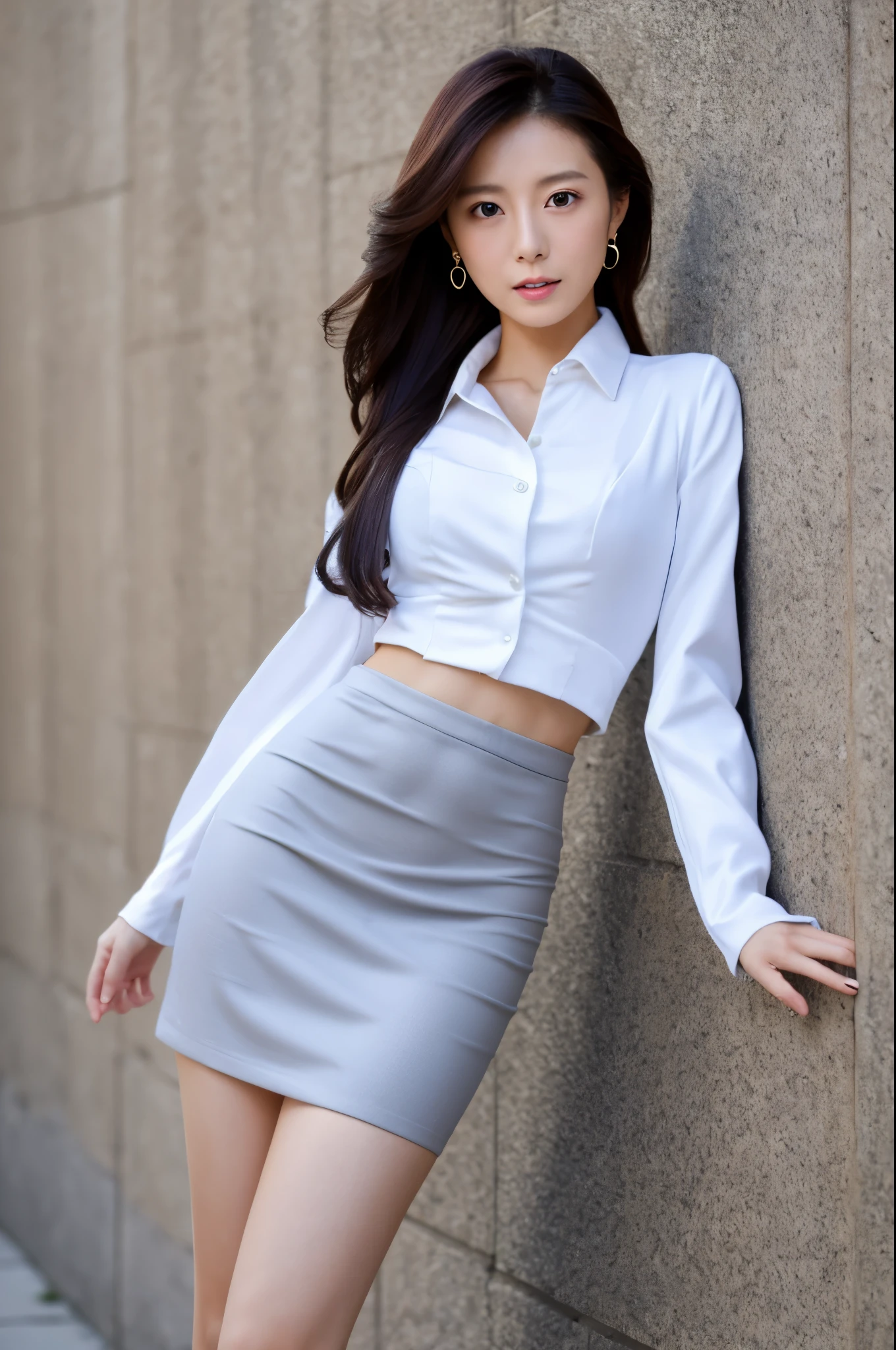 Skinny Japanese lady, 30 years old, 1girl, In front of a large wall, Realisitic, Beautiful Woman, Jacket, White shirt, tight skirt, high-heels, A detailed face, Detailed lips, A detailed eyes