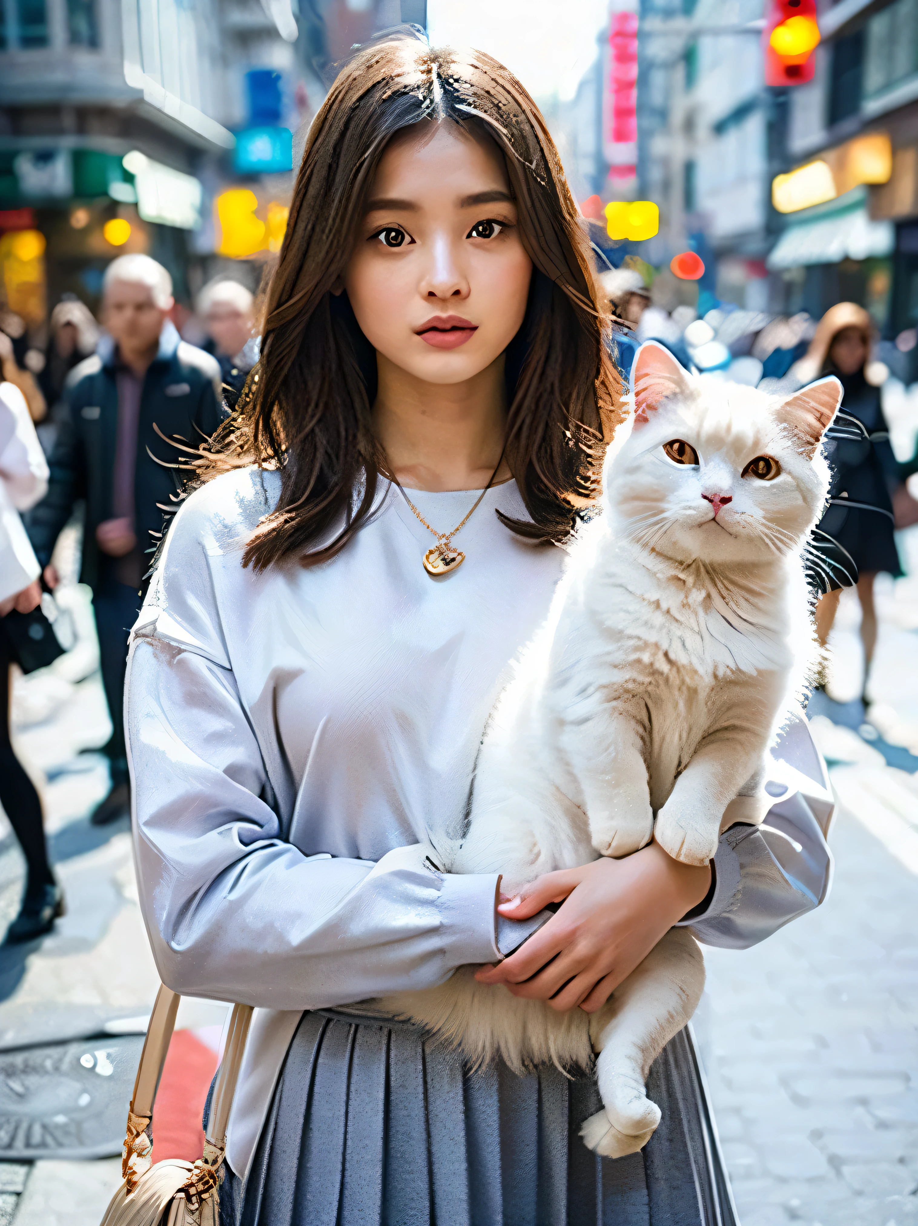 25-year-old girl with perfect face and medium breasts, Lovely clothes, slim figure. delicate skin,exquisite eyes (1.1 emphasize), Very detailed skin texture (1.1 emphasize). Thin necklace, Model photo style, lifelike, Skin texture is real human skin texture, Detailed skin pores, intricate details, Eyes are very detailed, gray shirt, Gray pleated skirt, White transparent coat, street,(Holding white cat in arms:1.2)