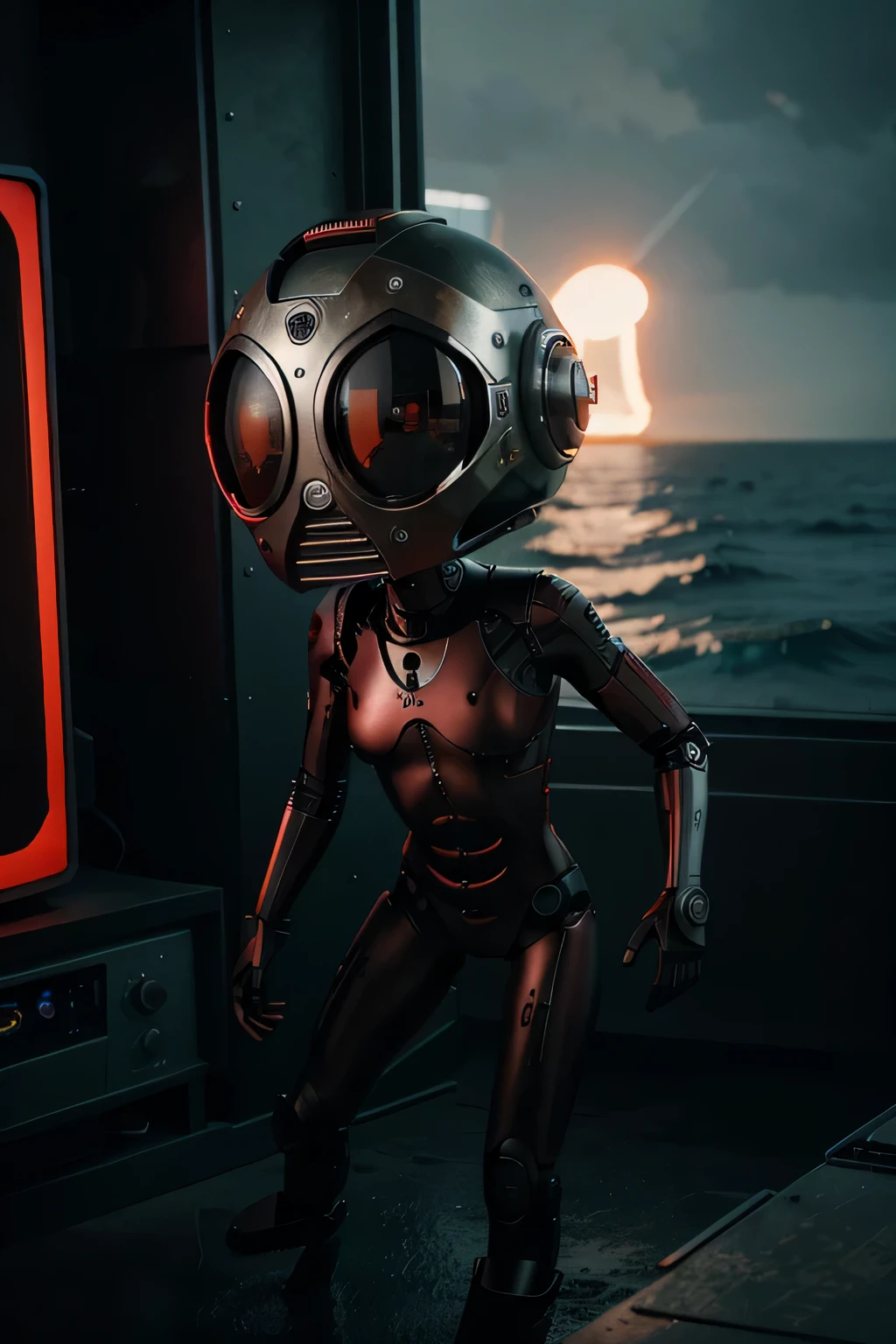 Un dibujo animado plano moderno Loco con un Big ONE, un robot con un solo ojo y un estilo de casco., pinzas en las manos, television head, cabeza de alfiler, camuflaje rojo oxidado, Super detailed ocean environment., centro, hermoso, soft lighting, centrado en el personaje, 4k resolution, renderizado fotorrealista.
