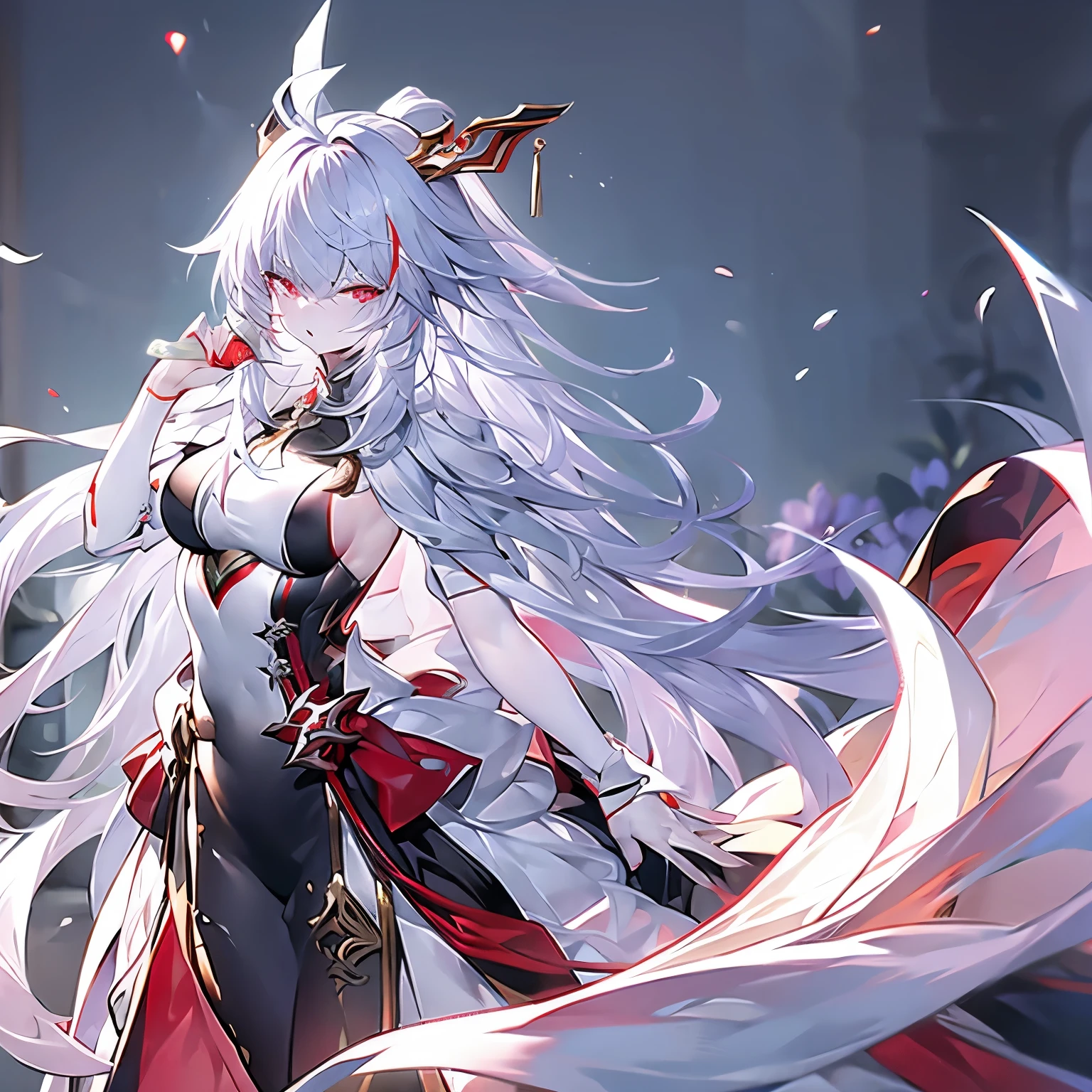 long white hair，White skin，red eyes，The slender hand holds the black Tang Hengdao，standing，The knife is slightly positioned at the side of the body