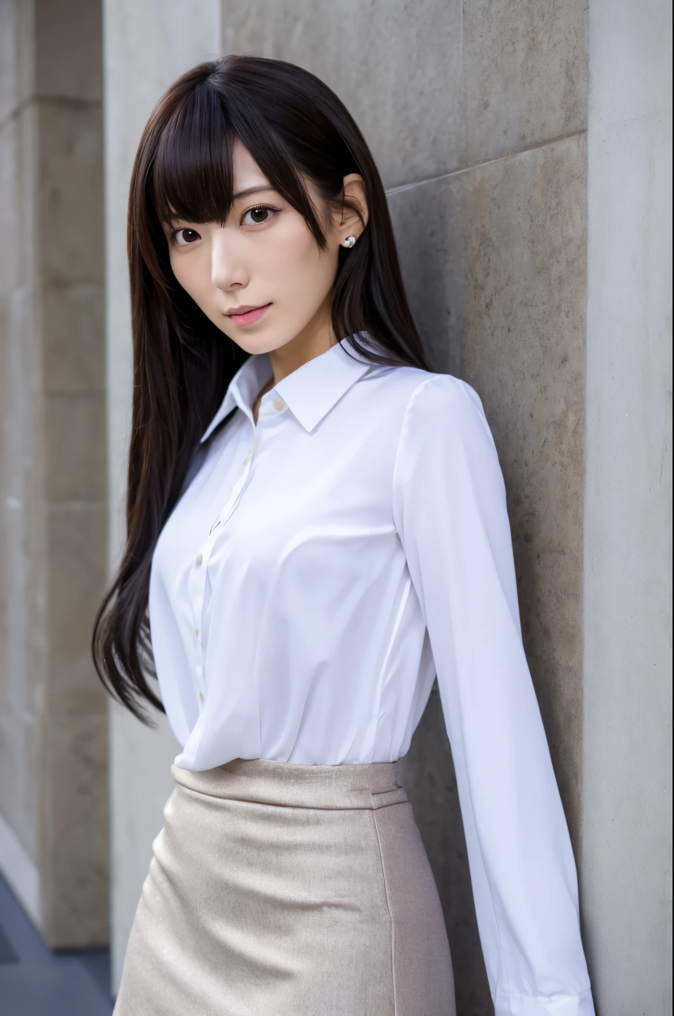 Skinny Japanese lady, 30 years old, 1girl, In front of a large wall, Realisitic, Beautiful Woman, Jacket, White shirt, tight skirt, high-heels, A detailed face, Detailed lips, A detailed eyes