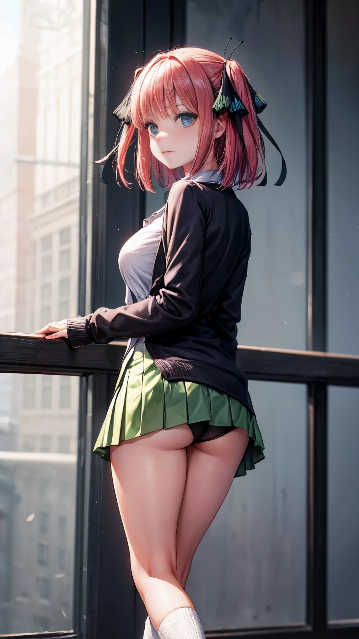 highest quality、one girl、、full body figure,big 、big tits perfect five fingered hands、Nino Nakano,shy face、perfect thing、big breasts、perfect arms、perfect legs、detailed description、small details、detailed face、white skin、plump legs、In town、In town、back view、look back、turn around、Pose that emphasizes the buttocks、black lace panties、I can see your panties、Skirt flip、lift skirt、nino nakano, short hair, bangs, blue eyes, hair ornament, hair ribbon, pink hair, blunt bangs, two side up, butterfly hair ornament,skirt, shirt, long sleeves, white shirt, pleated skirt, open clothes, collared shirt, sleeves past wrists, dress shirt, cardigan, green skirt, open cardigan, black cardigan,white thighs socks、erotic pose