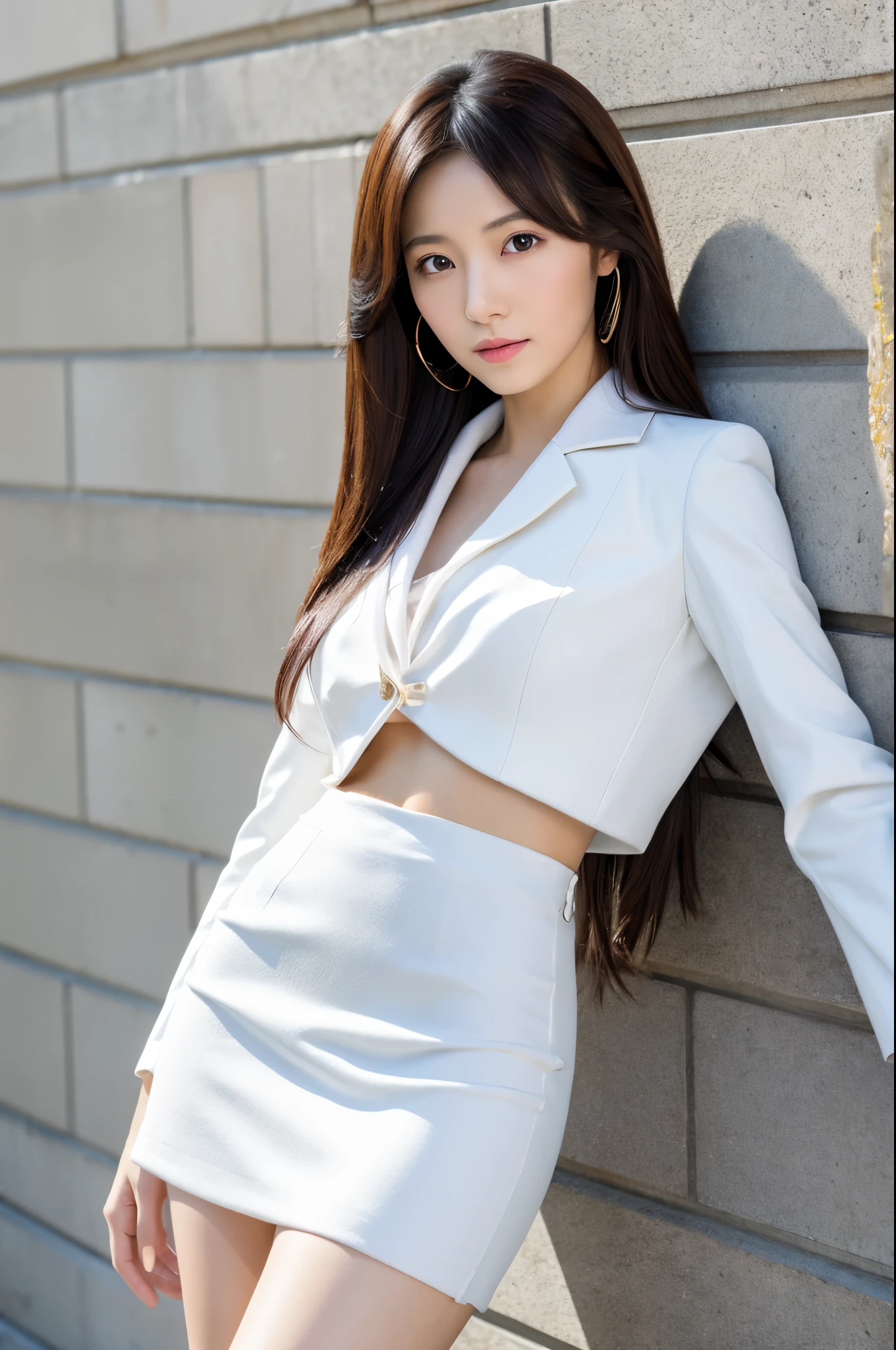 Skinny Japanese lady, 30 years old, 1girl, In front of a large wall, Realisitic, Beautiful Woman, Jacket, White shirt, tight skirt, high-heels, A detailed face, Detailed lips, A detailed eyes